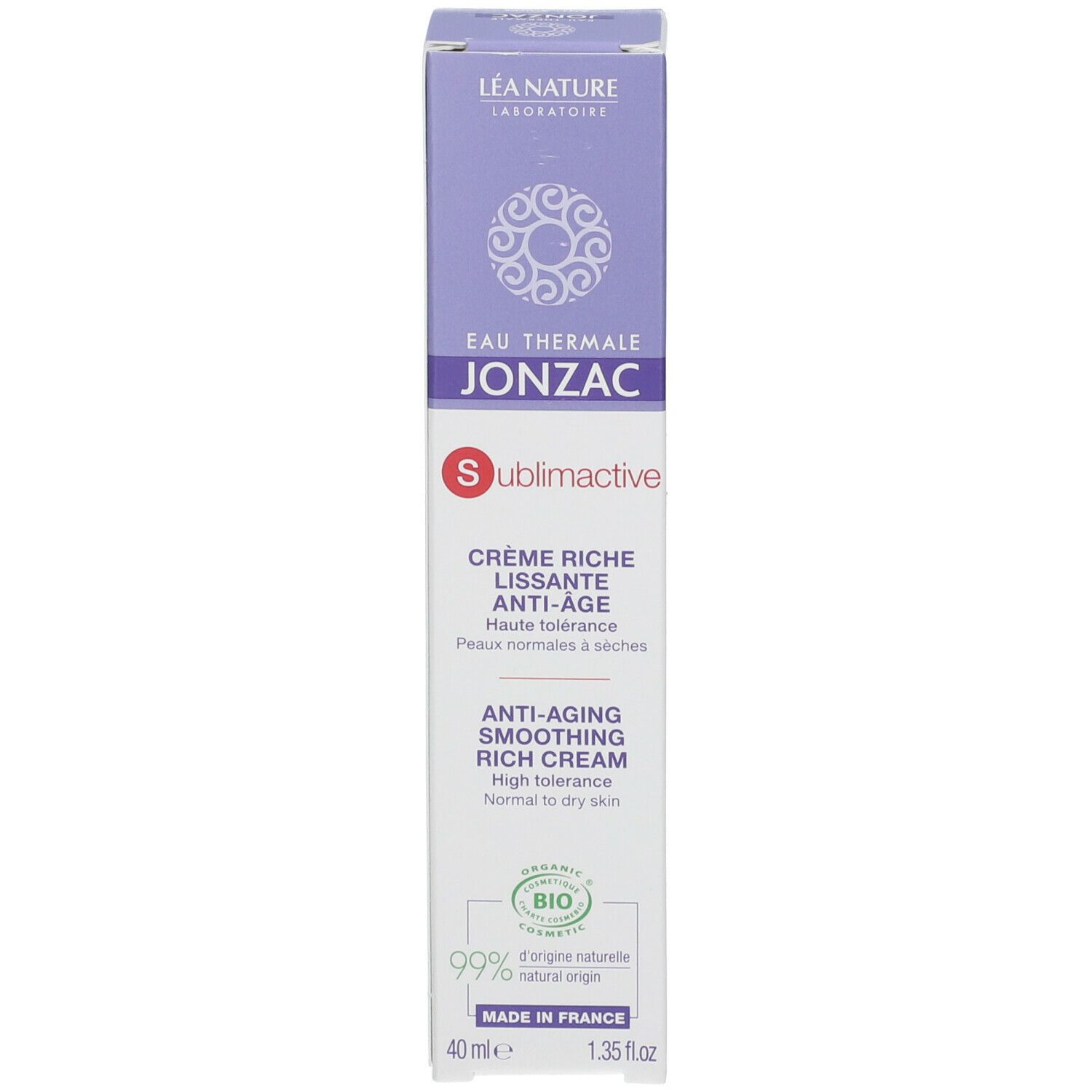 Tubo di crema. Scritta: Eau Thermale Jonzac, Sublimactive, Crème Riche Lissante Anti-Âge. Certificazione bio. 40 ml.