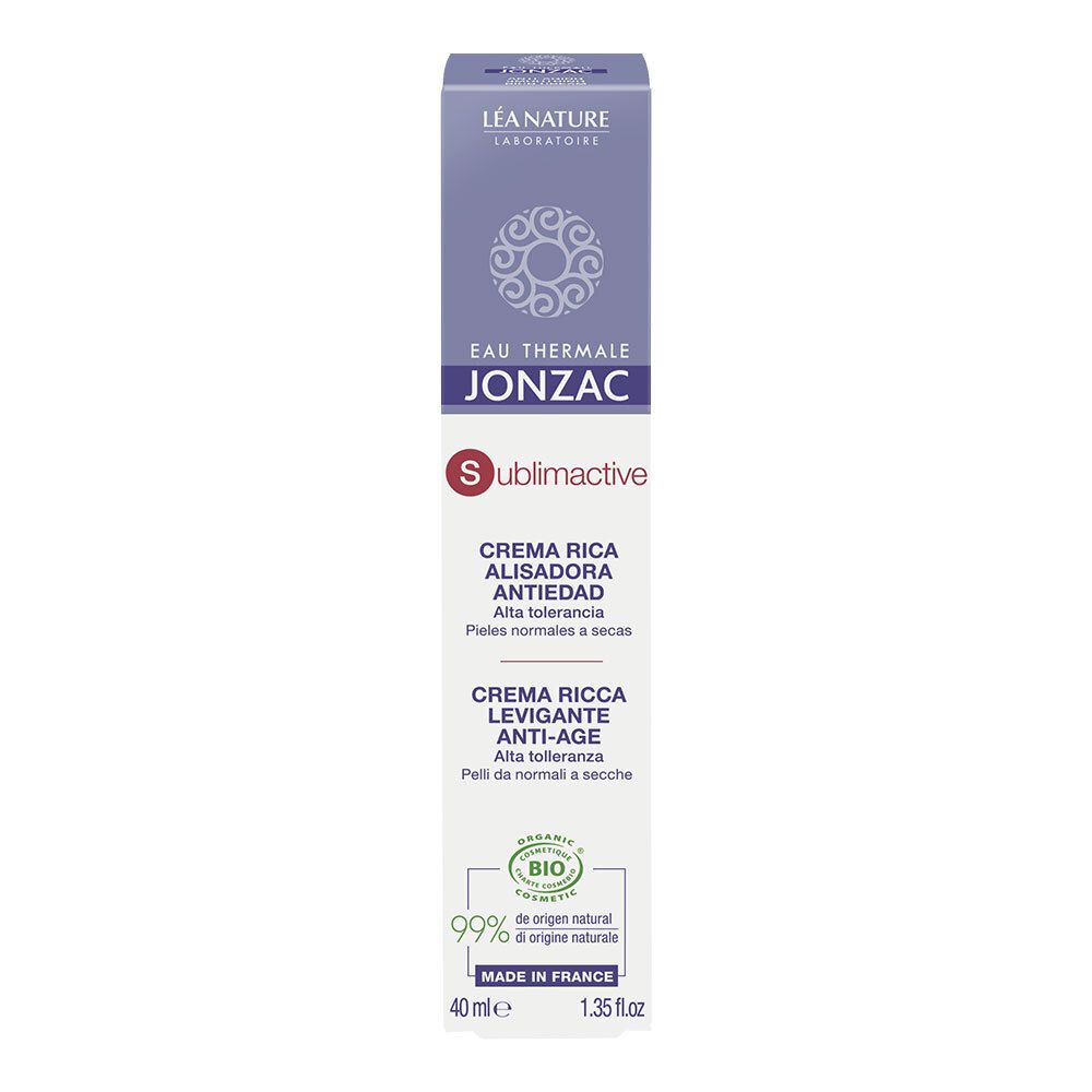 Confezione stretta. Scritta: Eau Thermale Jonzac, Sublimactive, Crema Ricca Levigante Anti-Age. Certificazione bio. 40 ml.