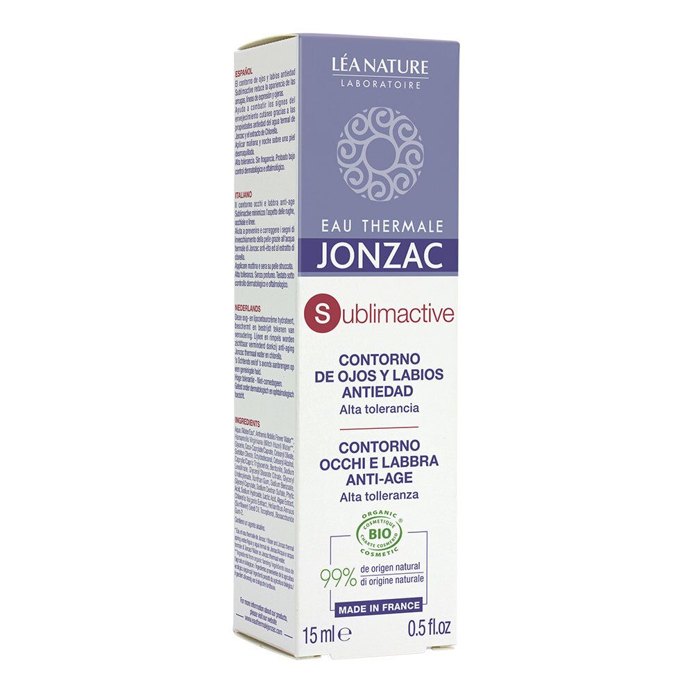 Confezione di prodotto con informazioni. Scritta: Eau Thermale Jonzac, Sublimactive, Contorno Occhi e Labbra Anti-Età, 15 ml.