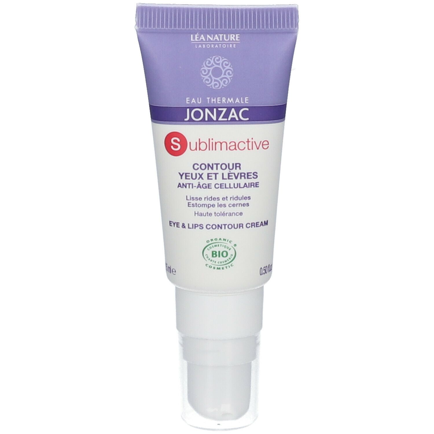 Tubo di crema. Scritta: Eau Thermale Jonzac, Sublimactive, Contour Yeux et Lèvres Anti-Âge, 15 ml.