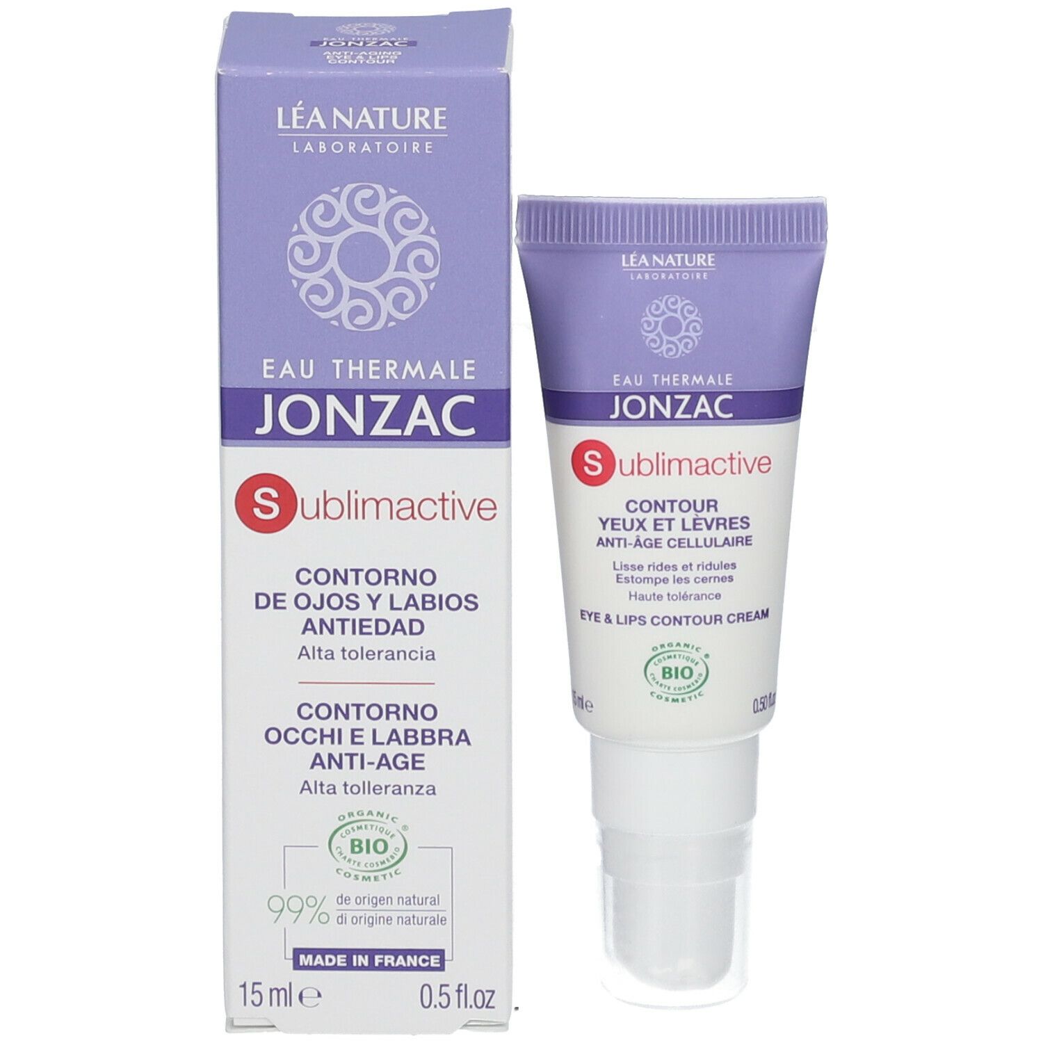 Confezione e tubo del prodotto. Scritta: Eau Thermale Jonzac, Sublimactive, Contour Yeux et Lèvres Anti-Âge, 15 ml.