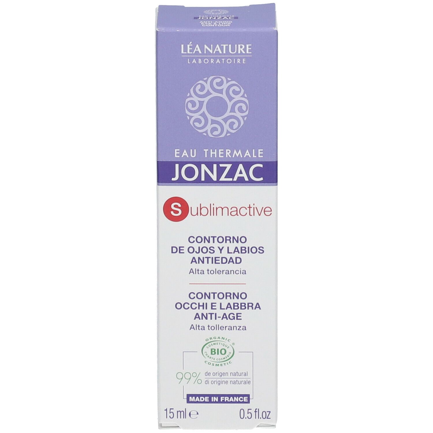 Confezione del prodotto. Scritta: Eau Thermale Jonzac, Sublimactive, Contorno Occhi e Labbra Anti-Età, 15 ml.