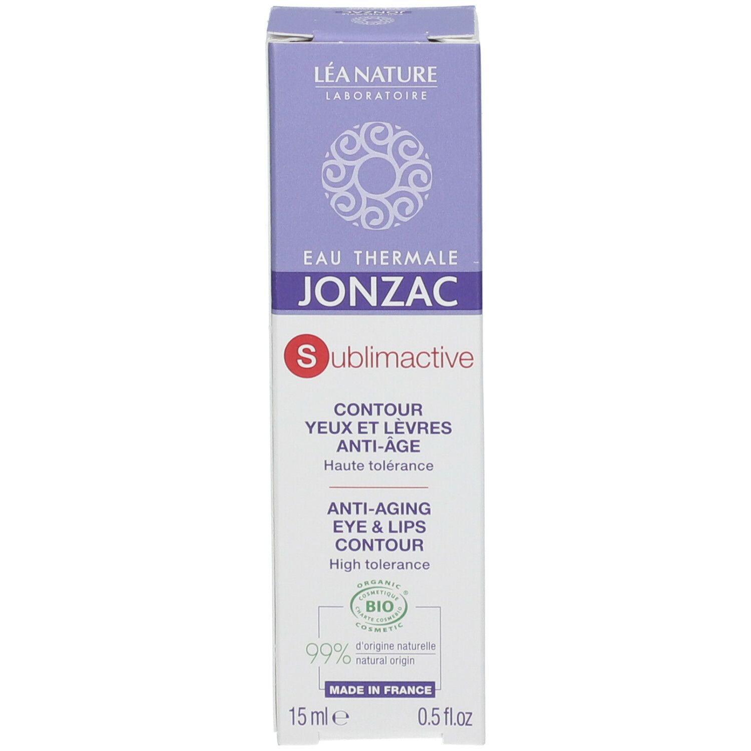 Confezione del prodotto. Scritta: Eau Thermale Jonzac, Sublimactive, Contour Yeux et Lèvres Anti-Âge, 15 ml.