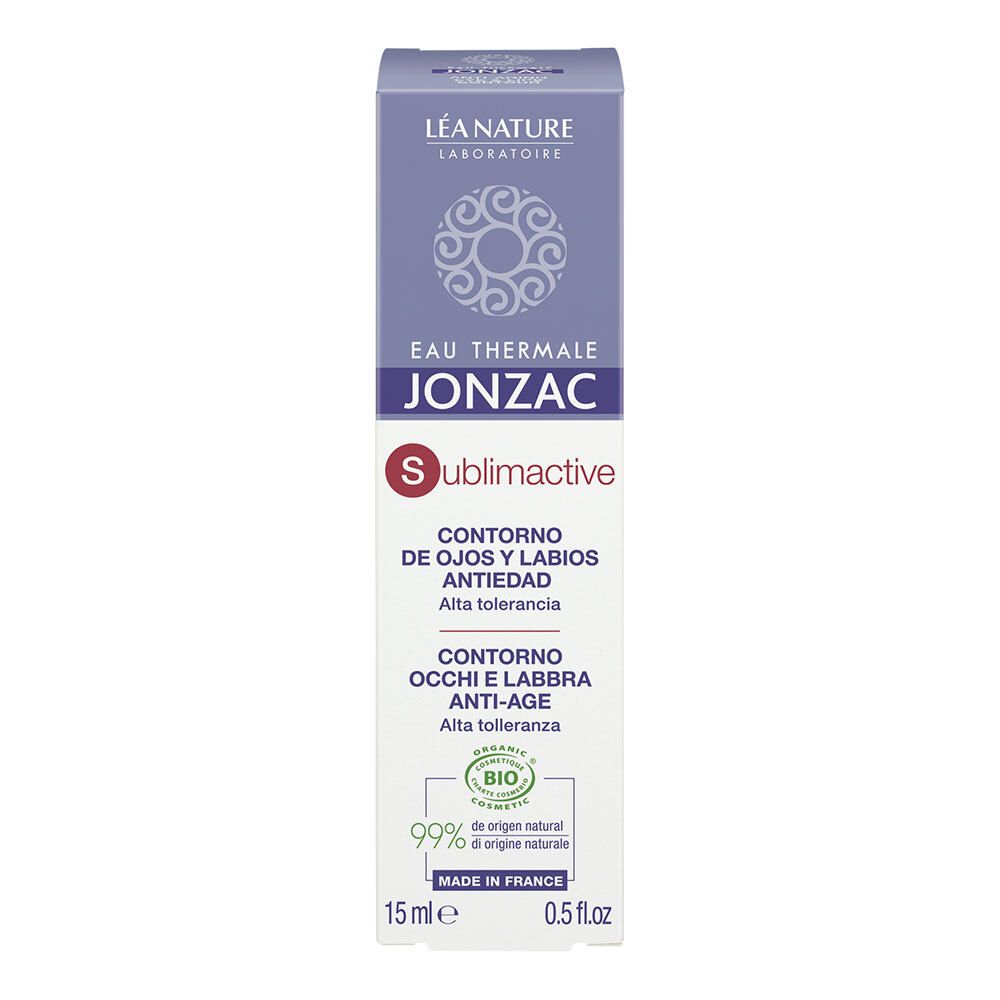 Confezione di prodotto con informazioni. Scritta: Eau Thermale Jonzac, Sublimactive, Contorno Occhi e Labbra Anti-Età, 15 ml.