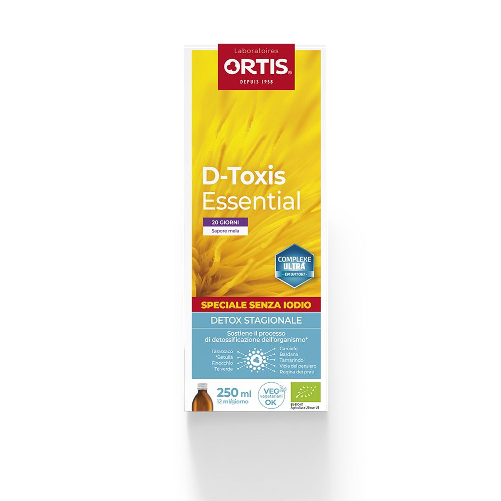 D-Toxis Essential. Bottiglia da 250 ml. Scritta: Speciale senza iodio. Con marchio bio.