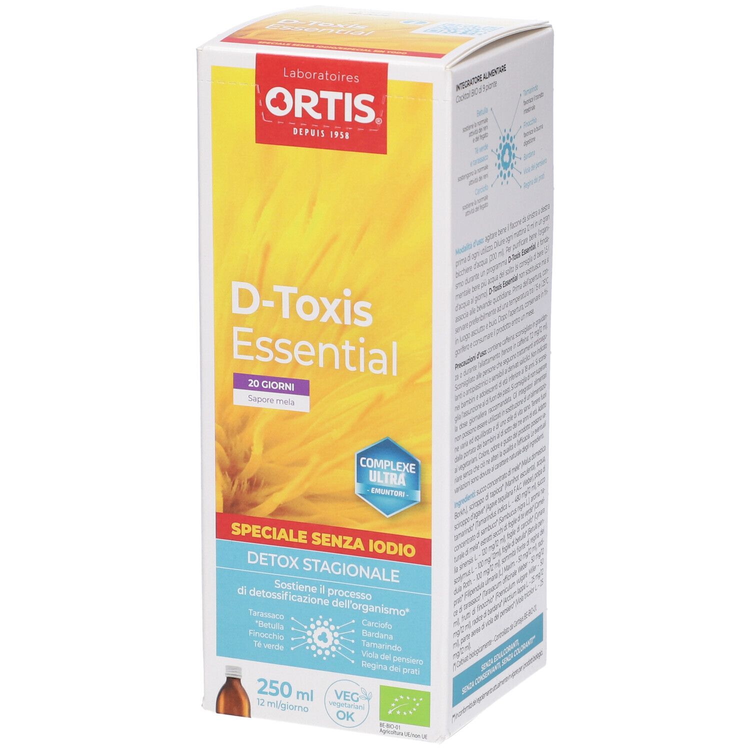 D-Toxis Essential. Confezione. Scritta: Speciale senza iodio. Con marchio bio. 250 ml.