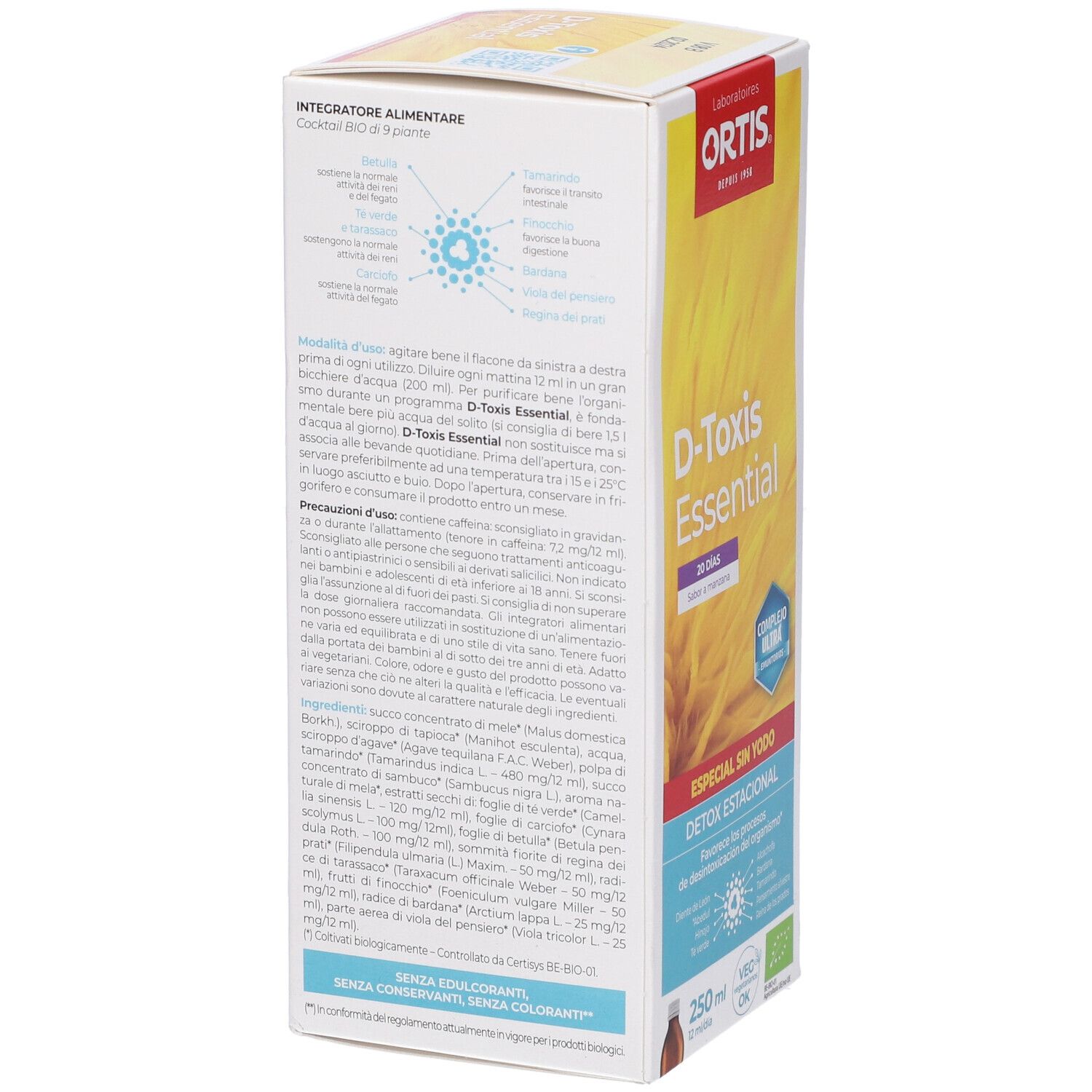 D-Toxis Essential. Confezione. Retro con ingredienti. Con marchio bio. 250 ml.