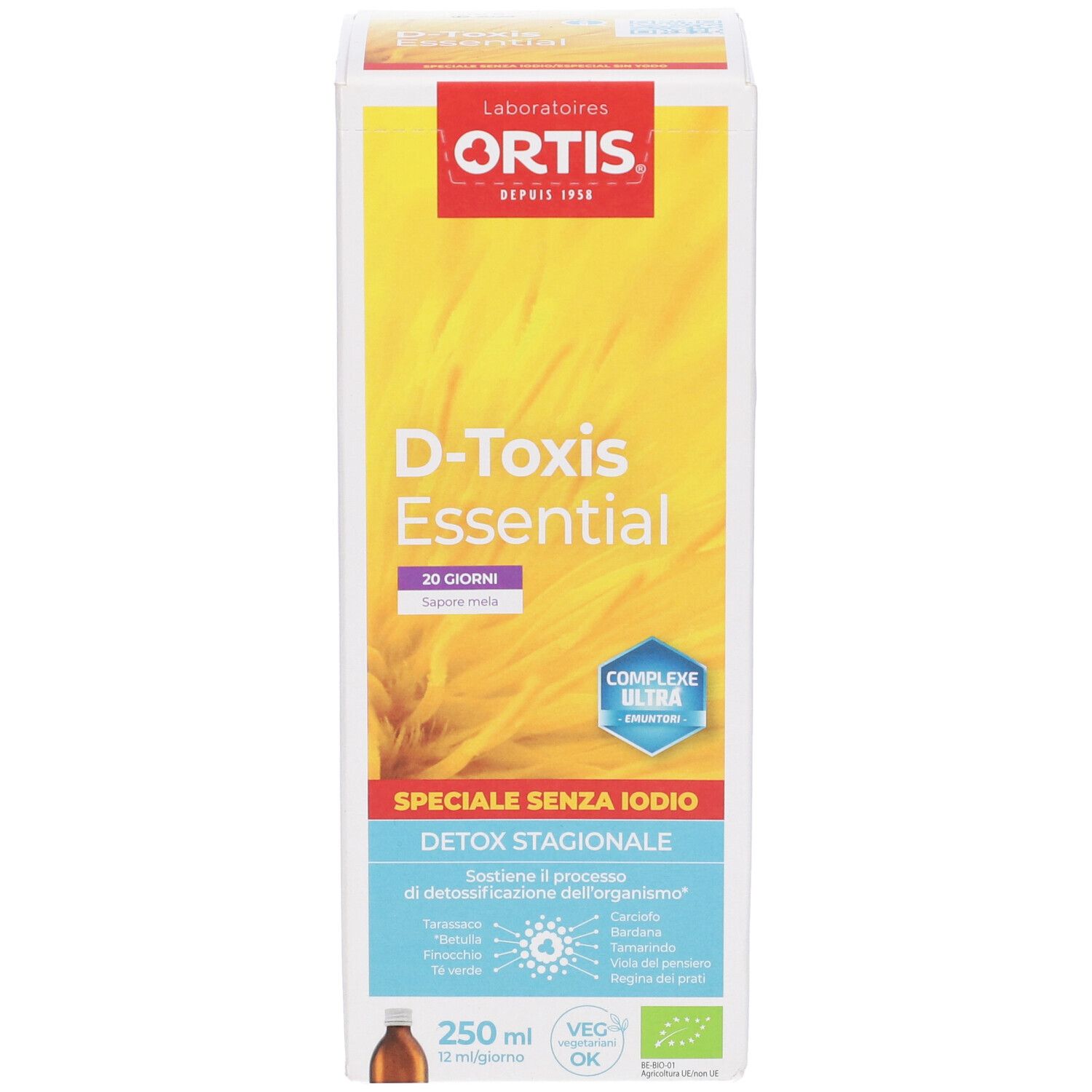 D-Toxis Essential. Confezione. Scritta: Speciale senza iodio. Con marchio bio. 250 ml.