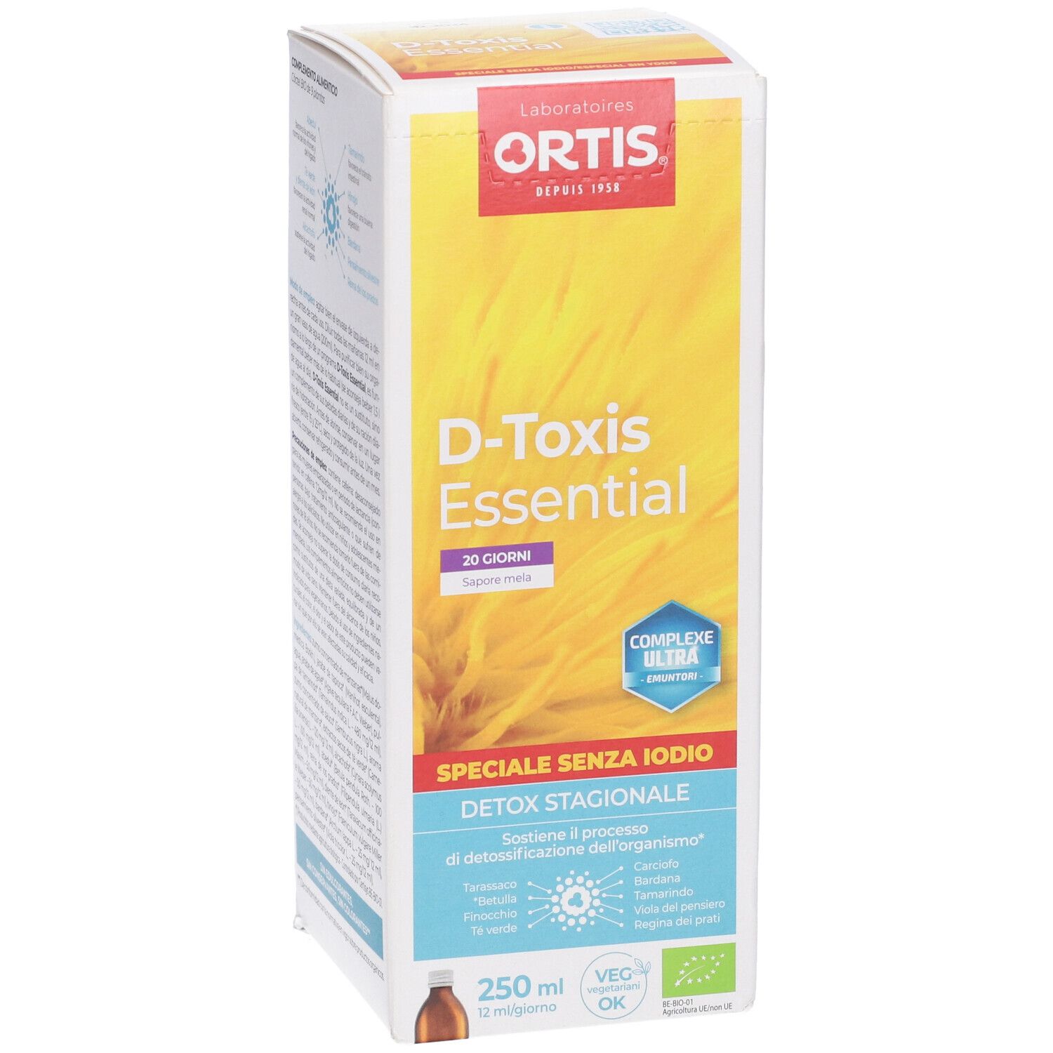 D-Toxis Essential. Confezione. Scritta: Speciale senza iodio. Con marchio bio. 250 ml.