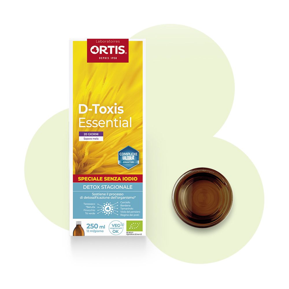 D-Toxis Essential. Bottiglia e tappo. Scritta: Speciale senza iodio. Con marchio bio.