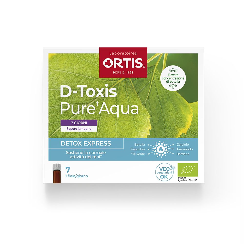 Scatola con nome del prodotto e fiala. Scritto: D-Toxis Pure'Aqua, 7 giorni, Detox Express. Prodotto vegano.