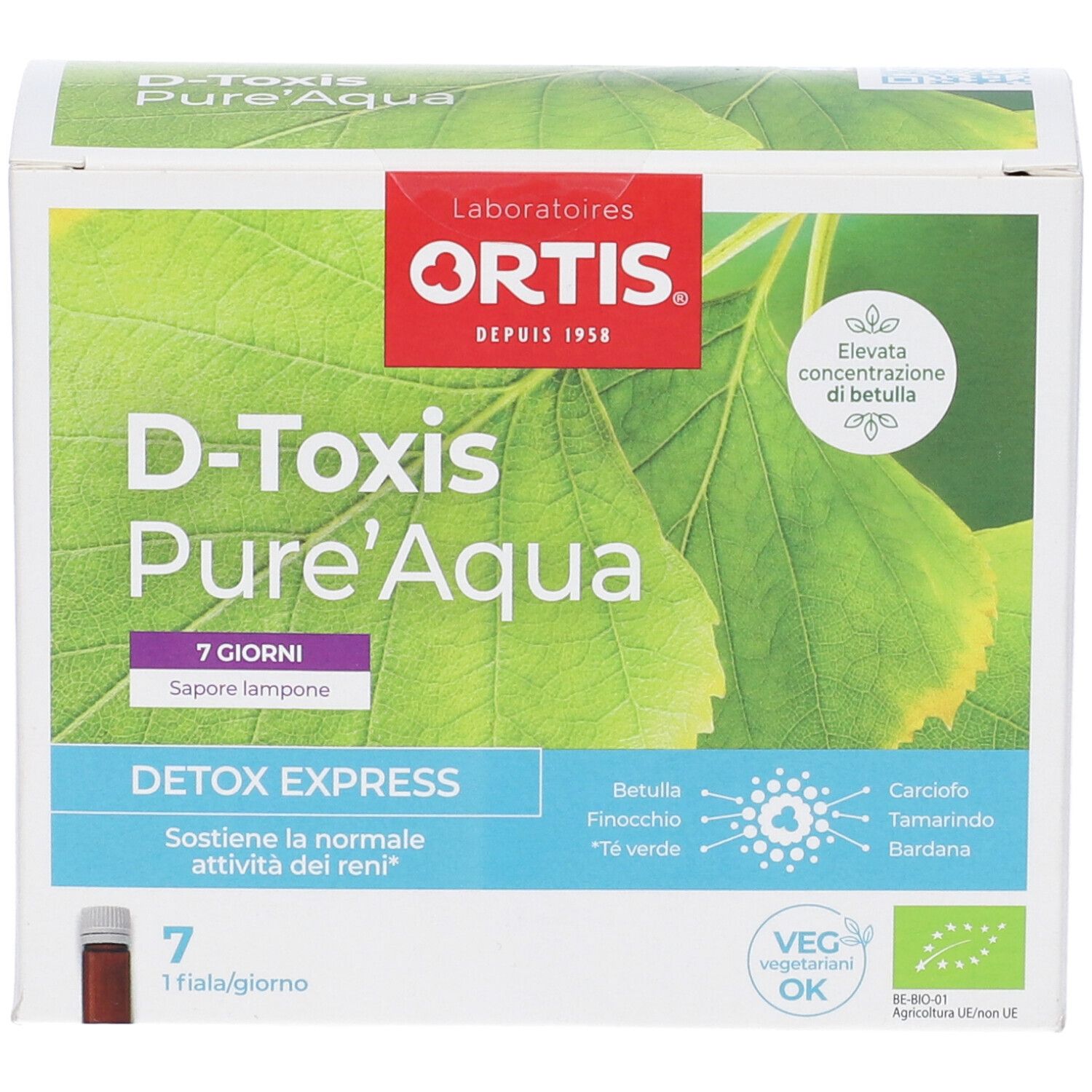 Scatola con nome del prodotto e fiala. Scritto: D-Toxis Pure'Aqua, 7 giorni, Detox Express. Prodotto vegano.