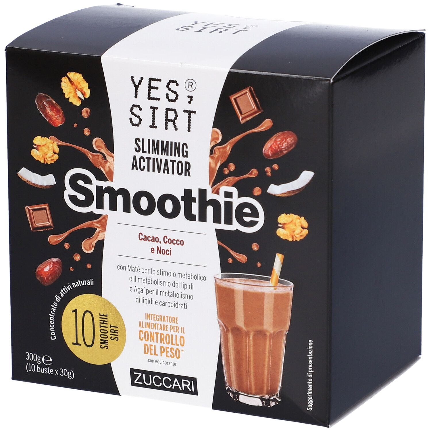 Confezione nera YES SIRT Smoothie. Immagine di bevanda in bicchiere. Ingredienti: Cacao, Cocco e Noci. Contiene 10 bustine.