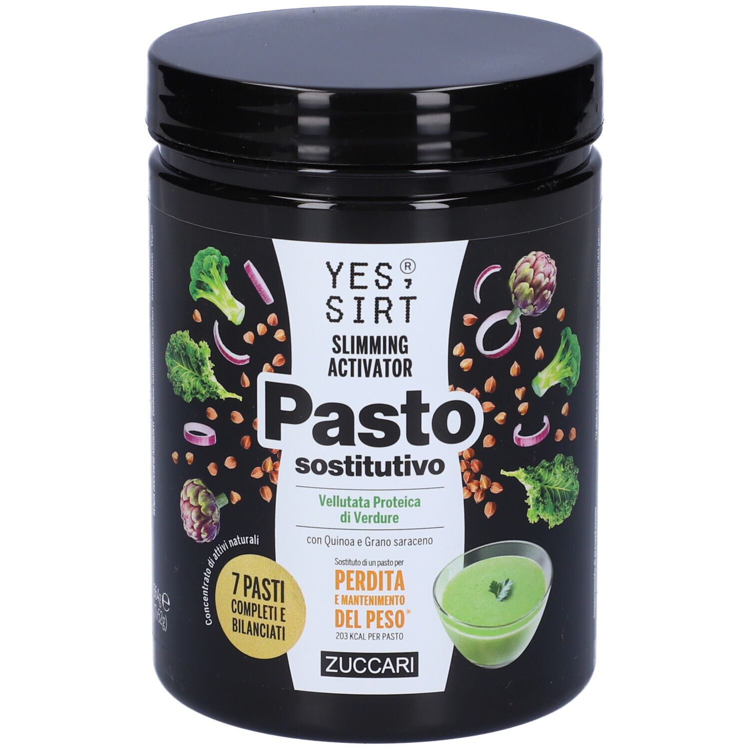 Schwarzer Behälter mit Produktaufdruck. Aufschrift: YES SIRT, Slimming Activator, Pasto sostitutivo. Gemüse-Eiweiß-Suppe.