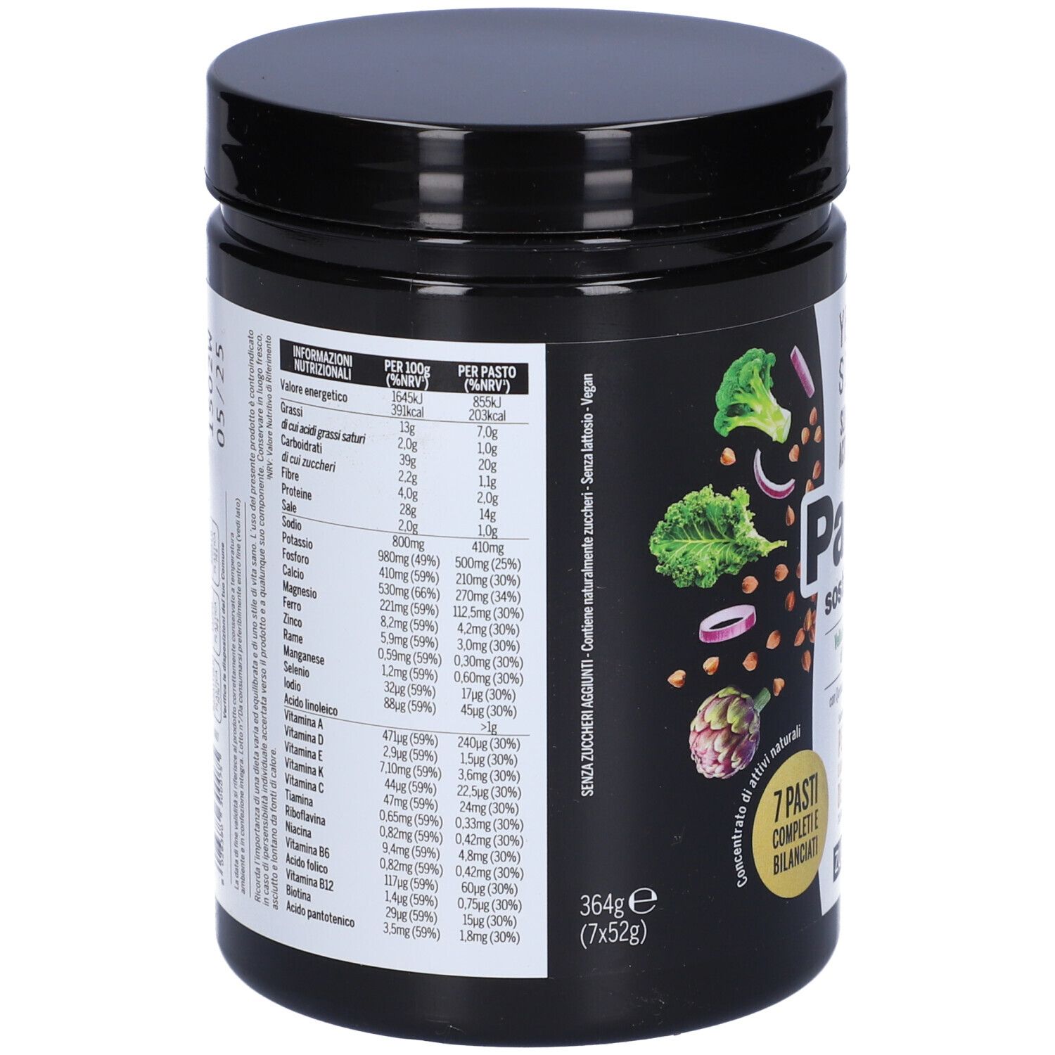 Schwarzer Behälter, Rückseite mit Nährwertangaben. Enthält Informationen pro 100g und pro Portion. Text in italienischer Sprache.
