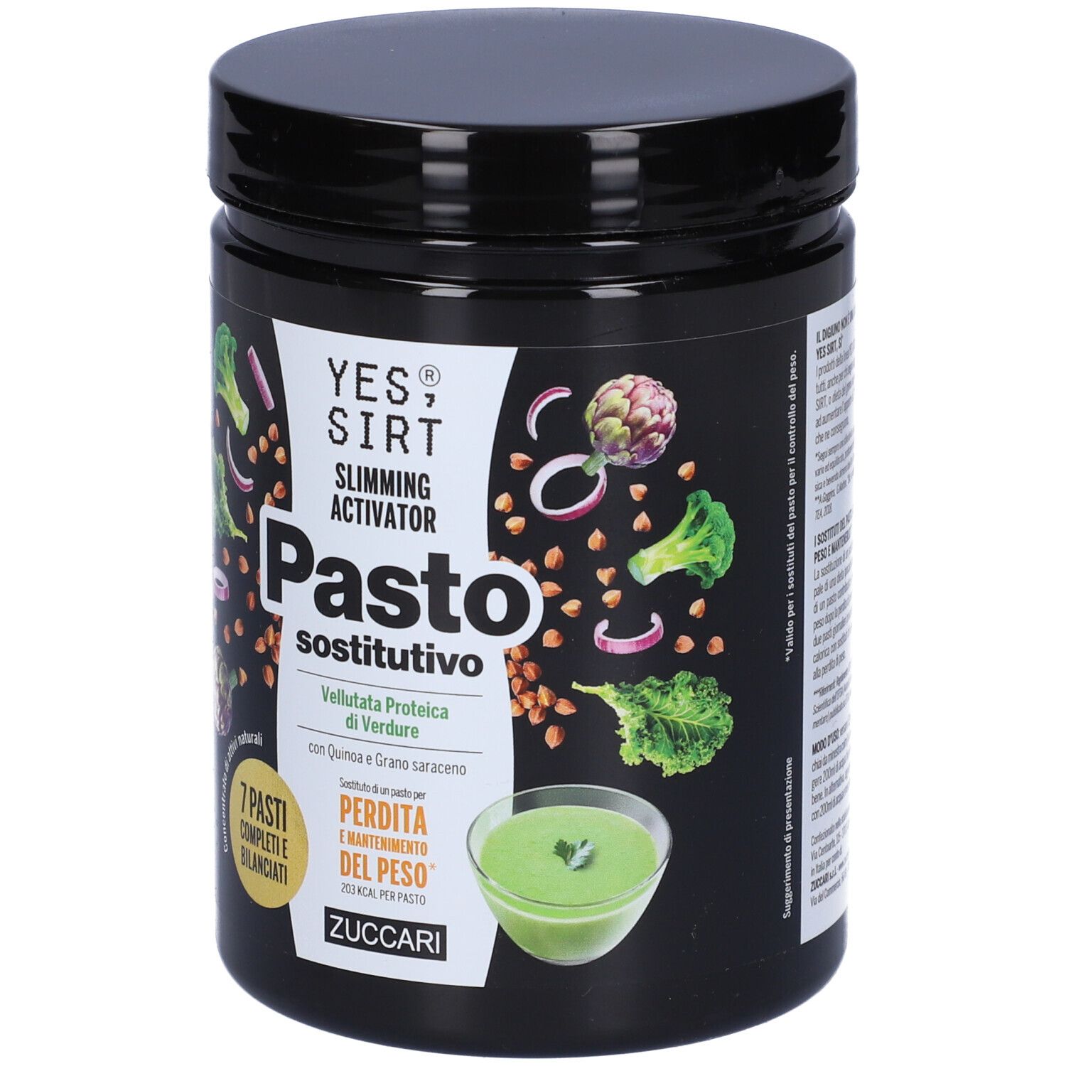 Schwarzer Behälter mit Produktaufdruck. Aufschrift: YES SIRT, Slimming Activator, Pasto sostitutivo. Gemüse-Eiweiß-Suppe. 7 Portionen.