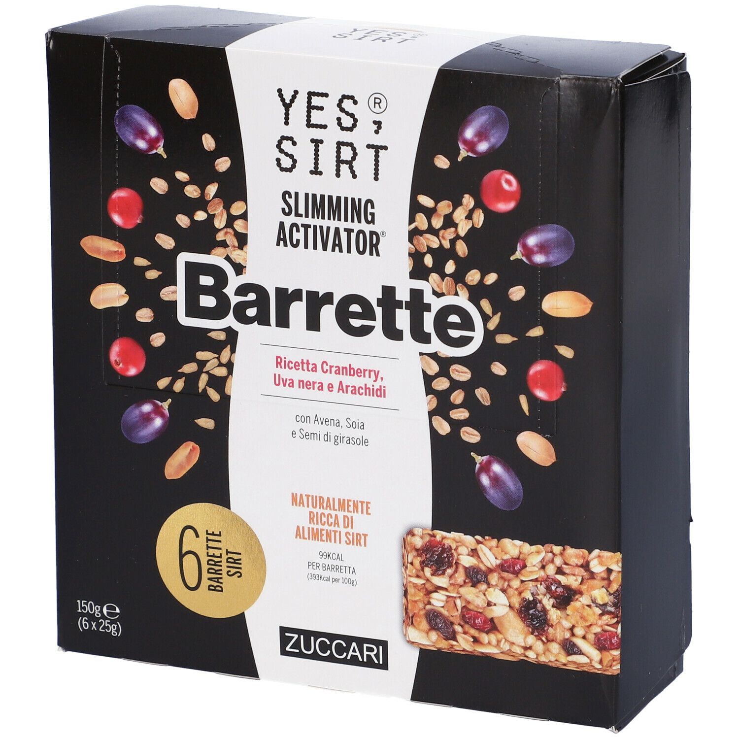 Scatola nera "YES SIRT Barrette". Scritto: Cranberry, uva nera e arachidi. Contiene 6 barrette.