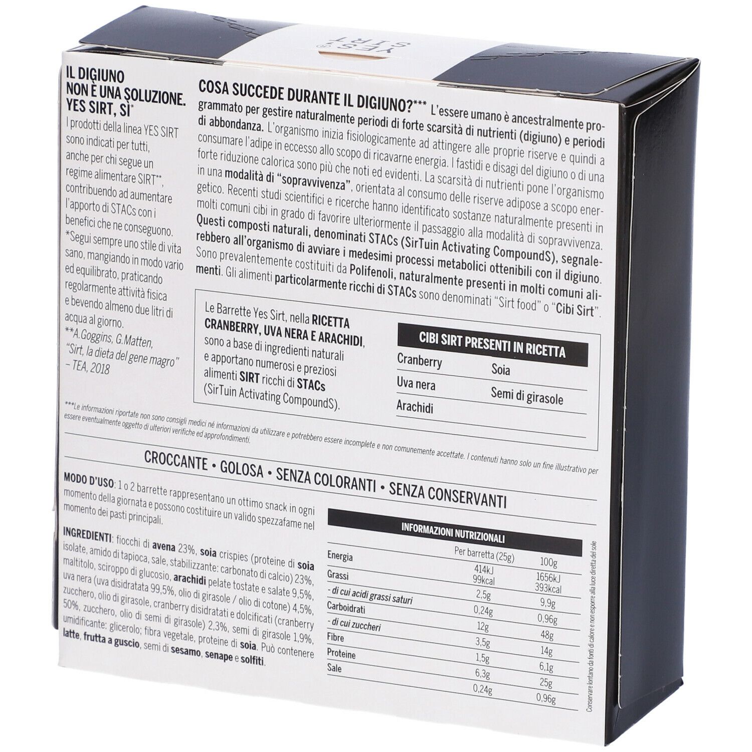 Retro della scatola. Testo sugli ingredienti e informazioni nutrizionali delle "YES SIRT Barrette".