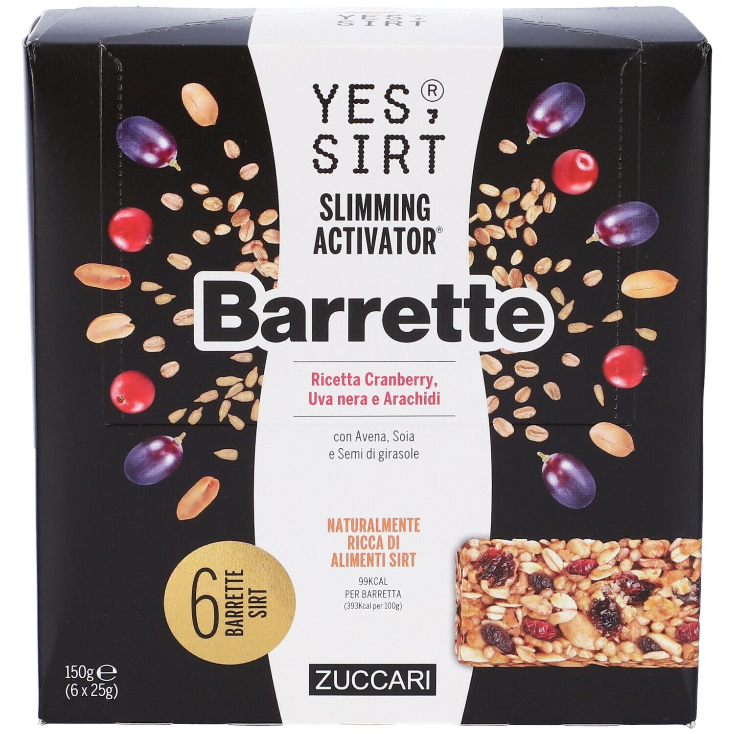 Scatola nera "YES SIRT Barrette". Scritto: Cranberry, uva nera e arachidi. Contiene 6 barrette.