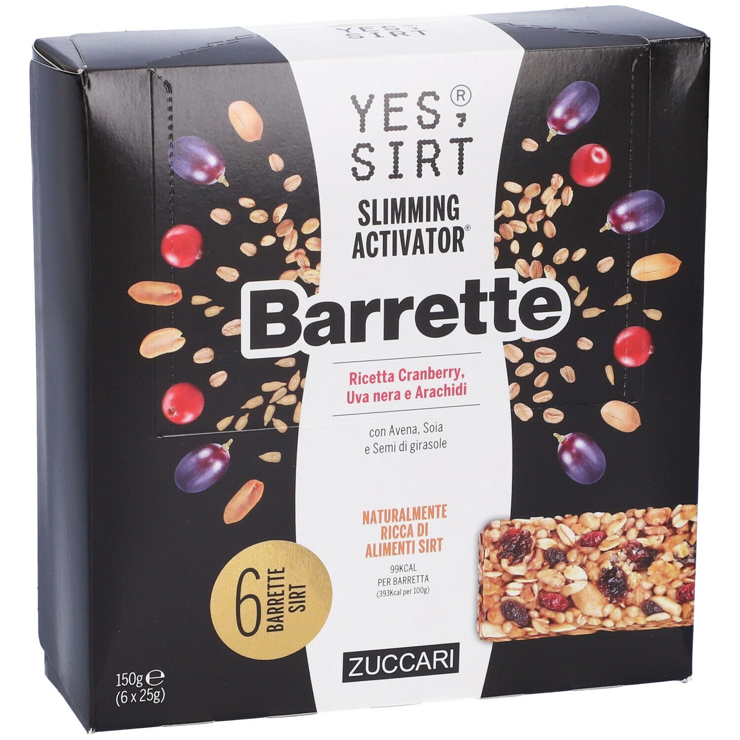 Scatola nera "YES SIRT Barrette". Scritto: Cranberry, uva nera e arachidi. Contiene 6 barrette.