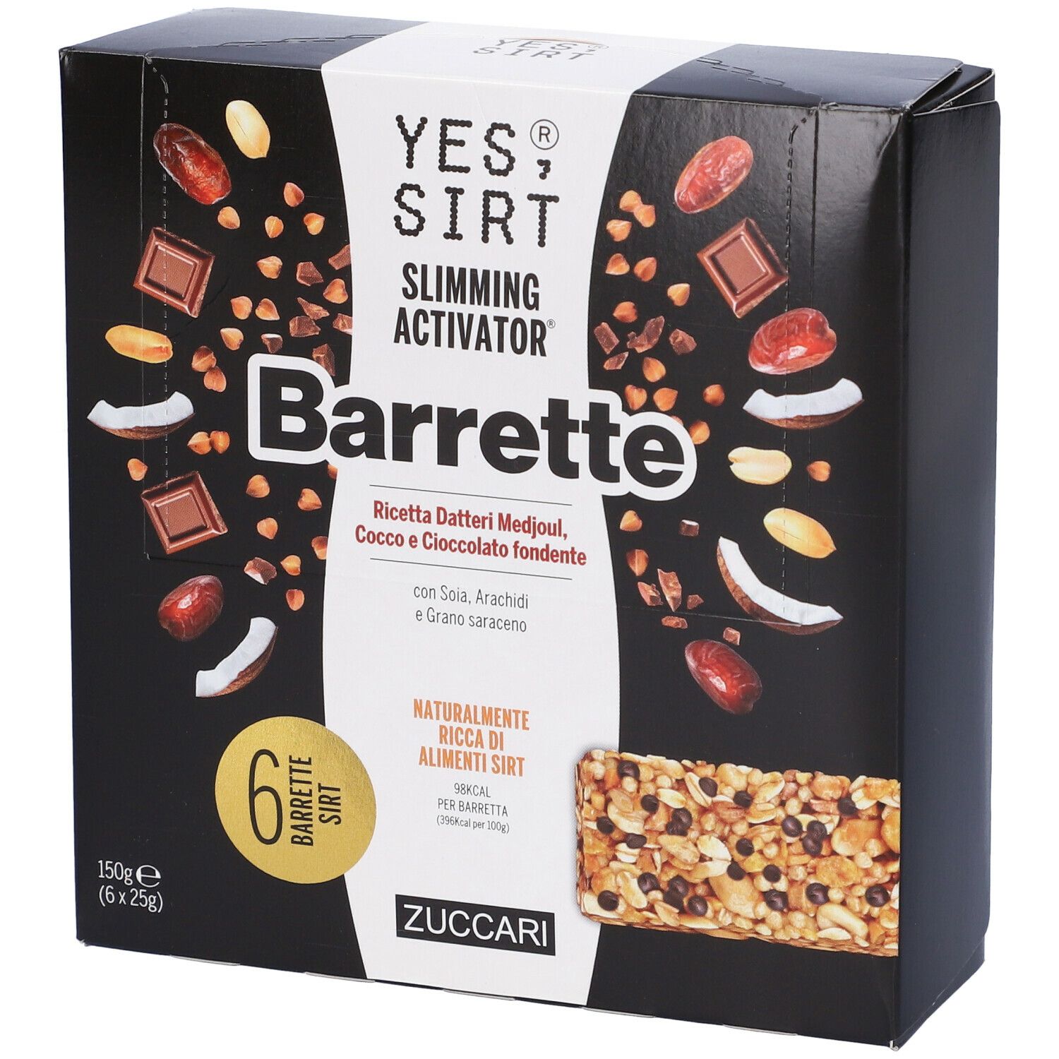 Confezione nera di barrette YES SIRT. Scritto: Barrette, Slimming Activator. Gusto: Datteri, cocco, cioccolato. 6 barrette, 150g.