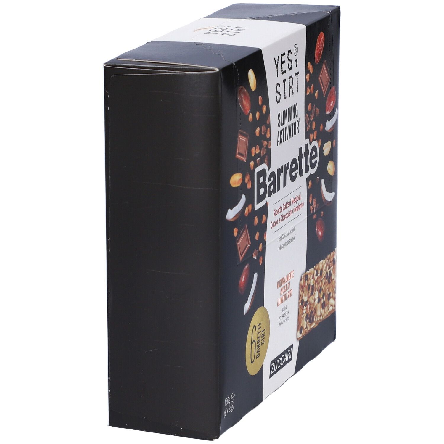 Confezione nera YES SIRT Barrette. Scritto: Slimming Activator, Barrette. Vista laterale. Ingredienti e informazioni nutrizionali.