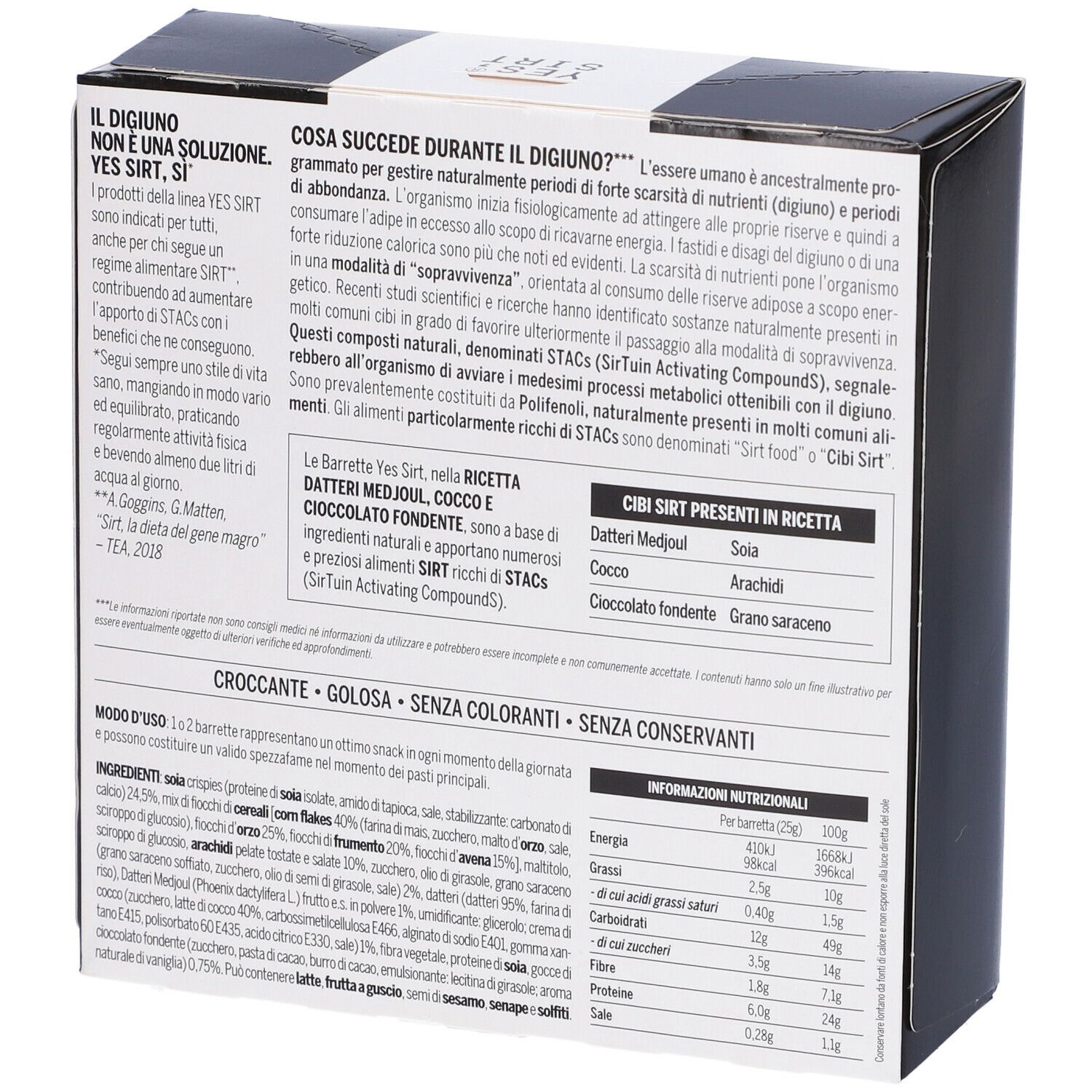 Retro della confezione. Testo sulle barrette YES SIRT, ingredienti, informazioni nutrizionali. Ingredienti: soia, arachidi, cocco, cioccolato.