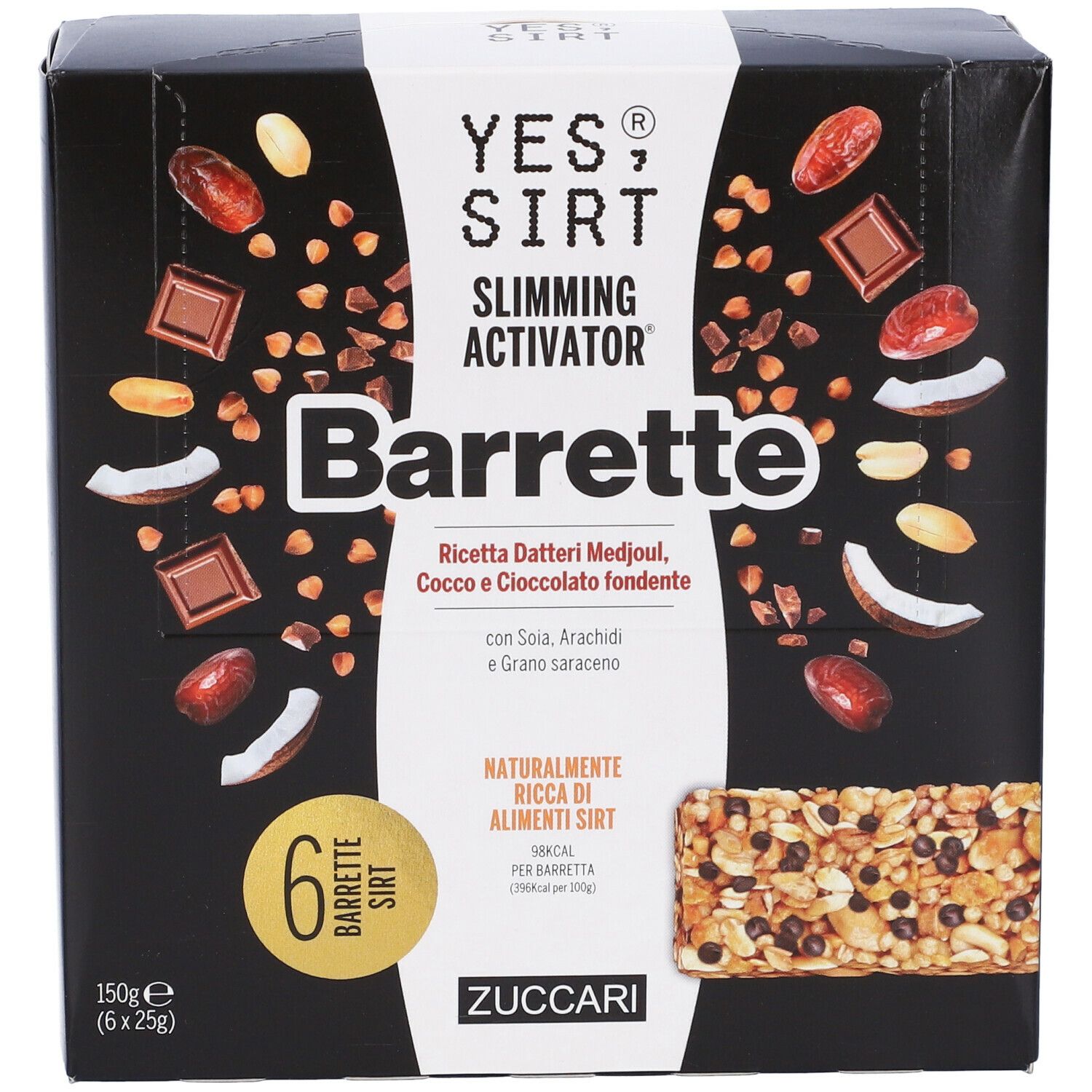 Confezione nera YES SIRT Barrette. Scritto: Slimming Activator, Barrette. 6 barrette, 150g. Ingredienti: datteri, cocco, cioccolato.