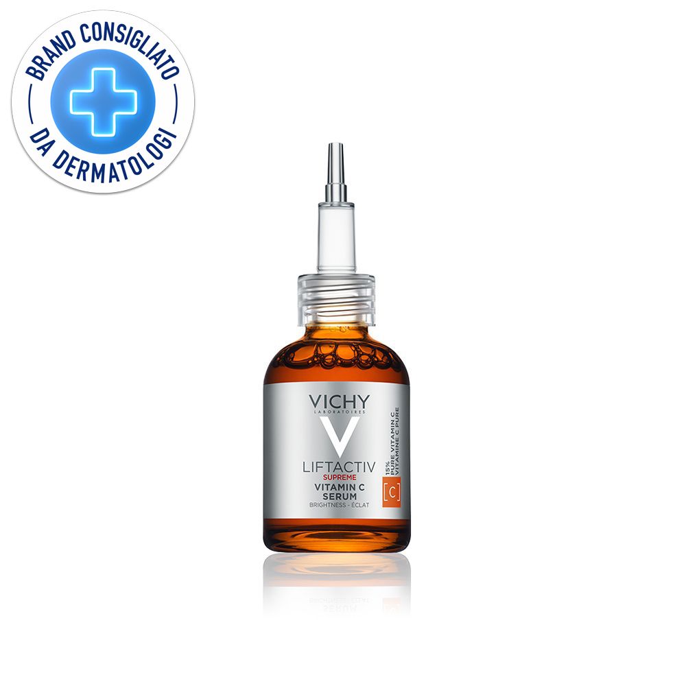 Flacone di vetro ambrato con siero. Scritta: Vichy Liftactiv Supreme Vitamin C Serum. Con applicatore.