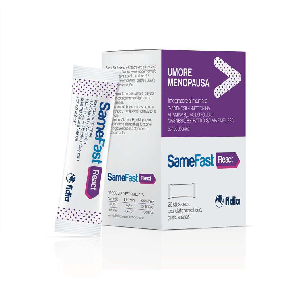 Confezione SameFast React con bustina. Contiene S-Adenosil-L-Metionina e Vitamina B12. Marchio Fidia.