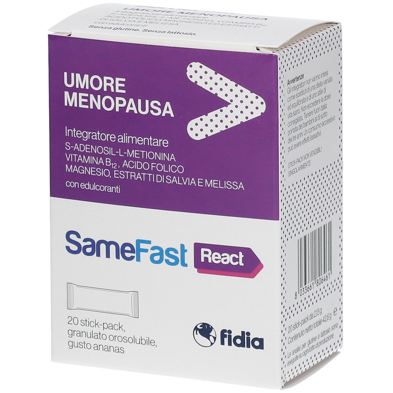 Scatola bianca e viola SameFast React. Contiene 20 stick pack. Con ingredienti come S-Adenosil-L-Metionina.