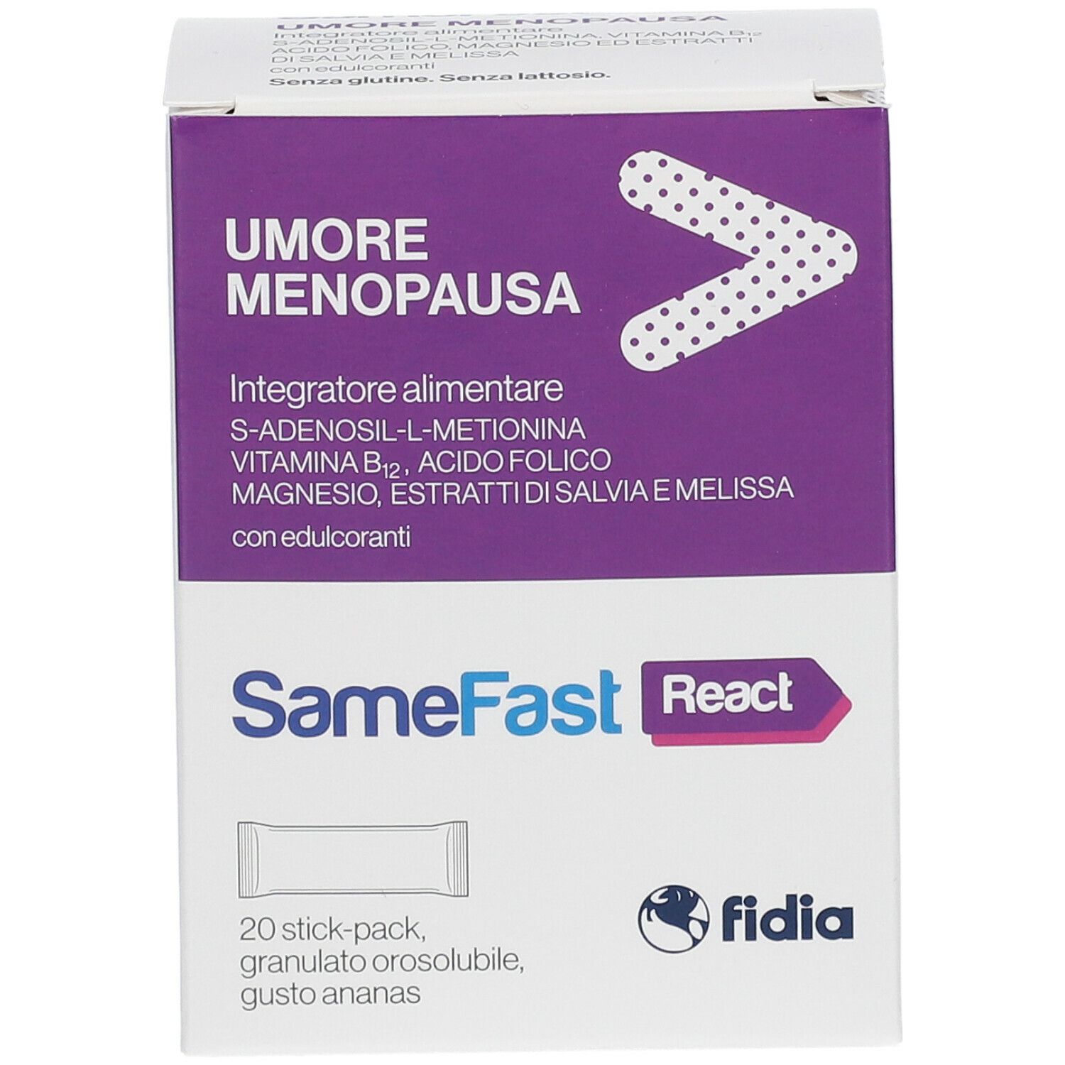 Vista frontale della confezione SameFast React. Contiene 20 stick pack. Marchio Fidia.