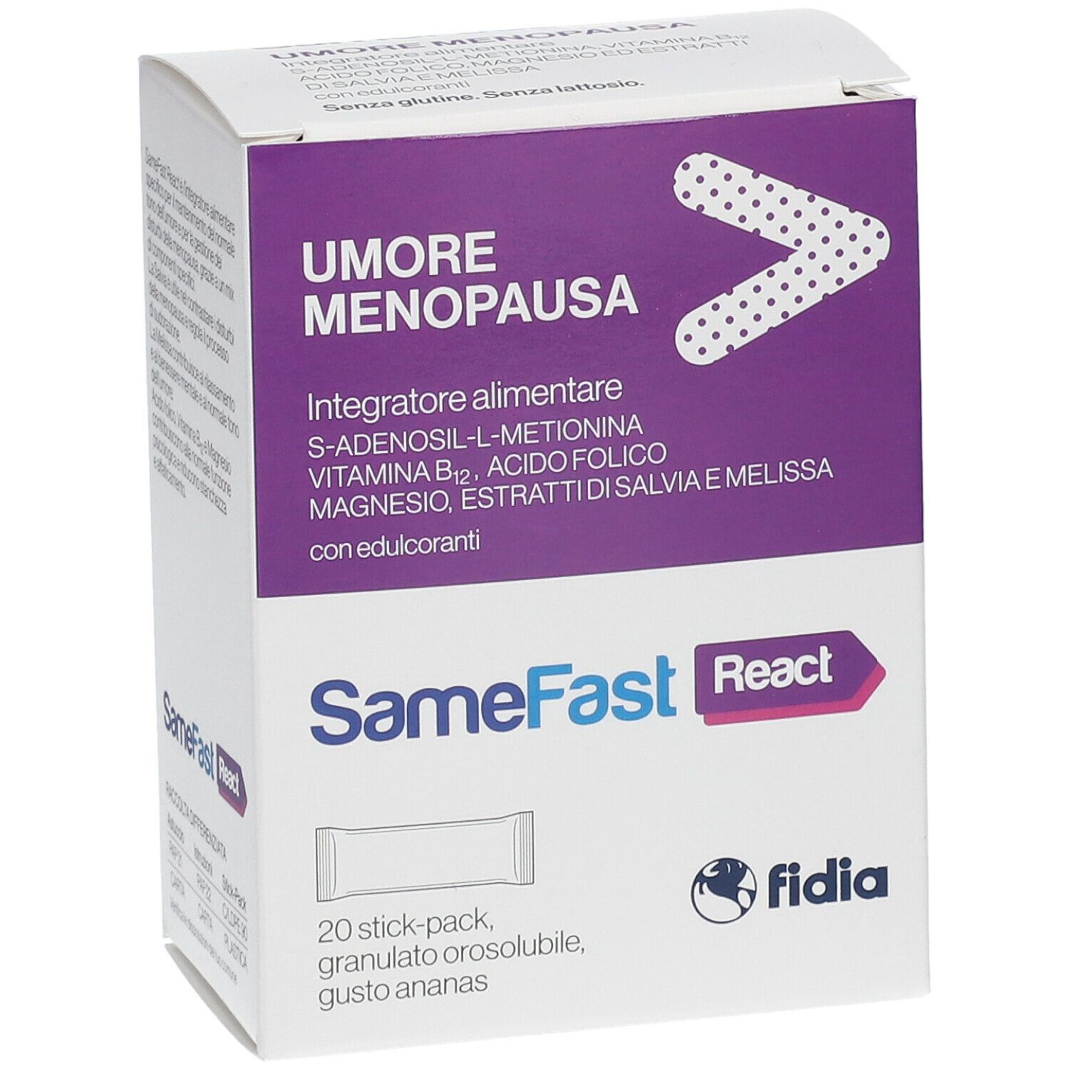 Scatola SameFast React, leggermente angolata. Contiene 20 stick pack. Marchio Fidia.