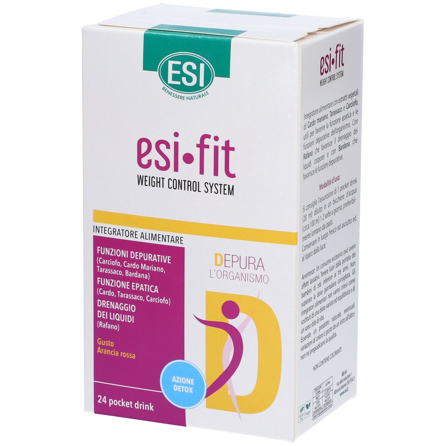 Scatola bianca ESI Fit. Testo: Depura l'organismo, 24 Pocket Drink. Scritto: Integratore Alimentare.
