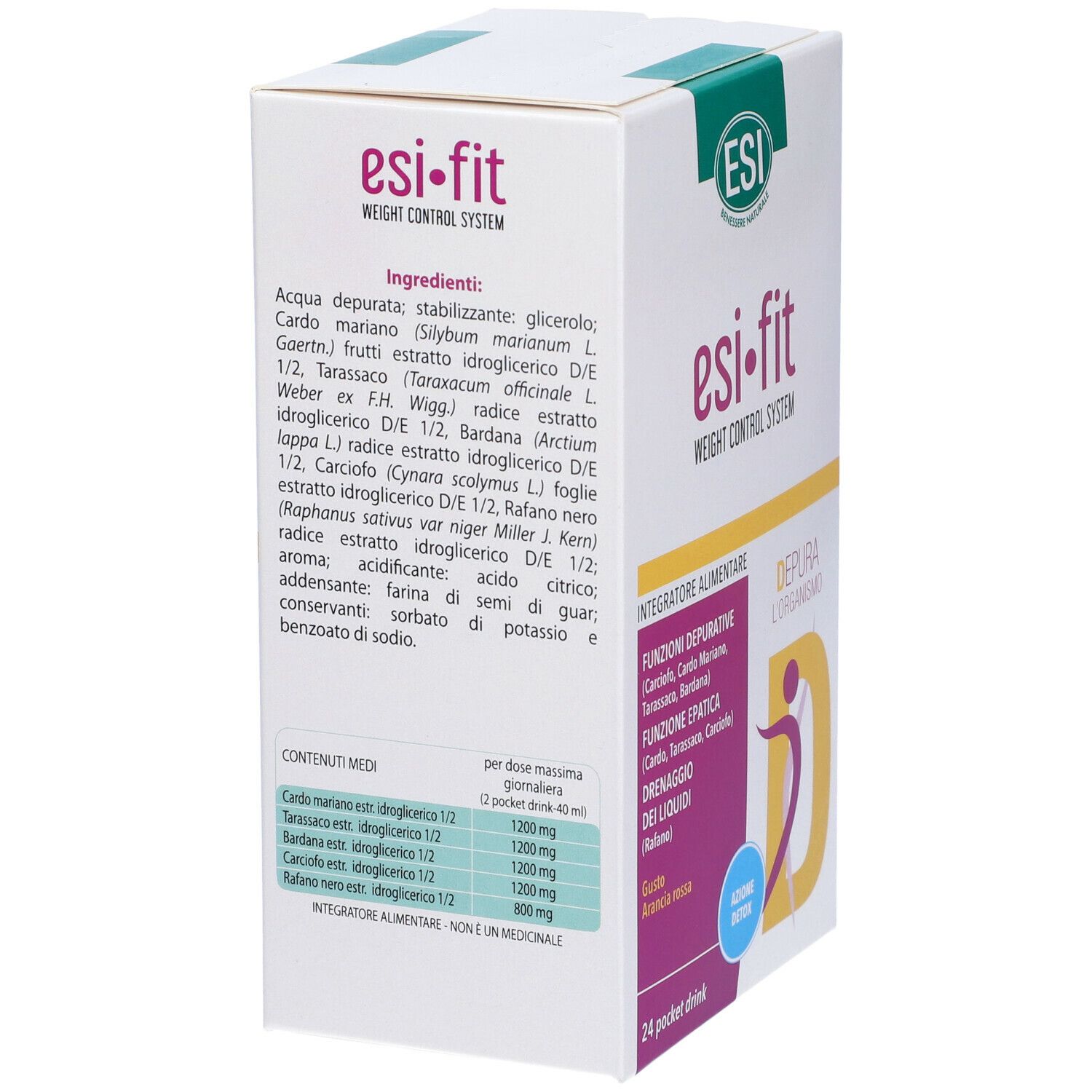 Retro della scatola ESI Fit. Elenco ingredienti e informazioni nutrizionali. Logo ESI Fit in alto a destra.