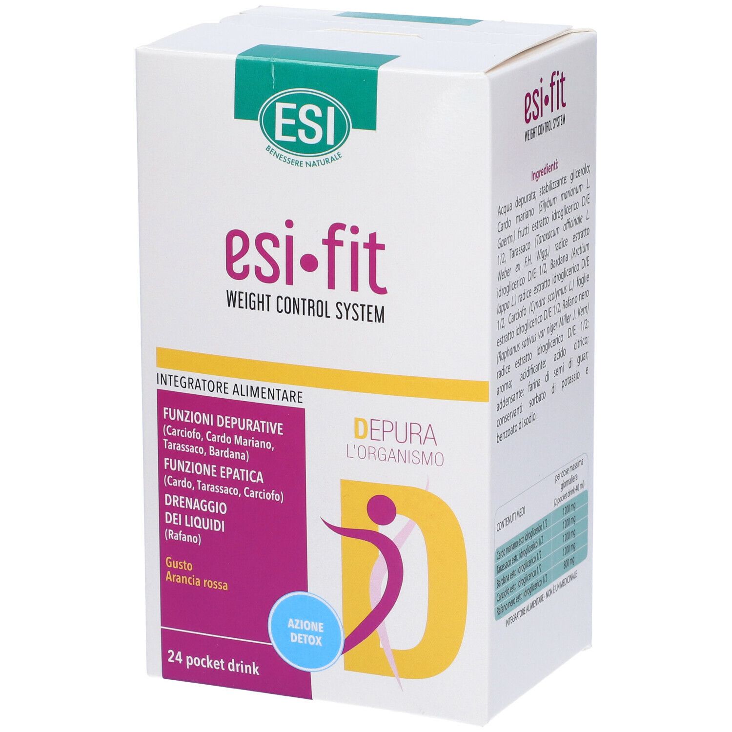 Scatola ESI Fit, vista laterale. Testo: Depura l'organismo, 24 Pocket Drink. Logo ESI Fit.