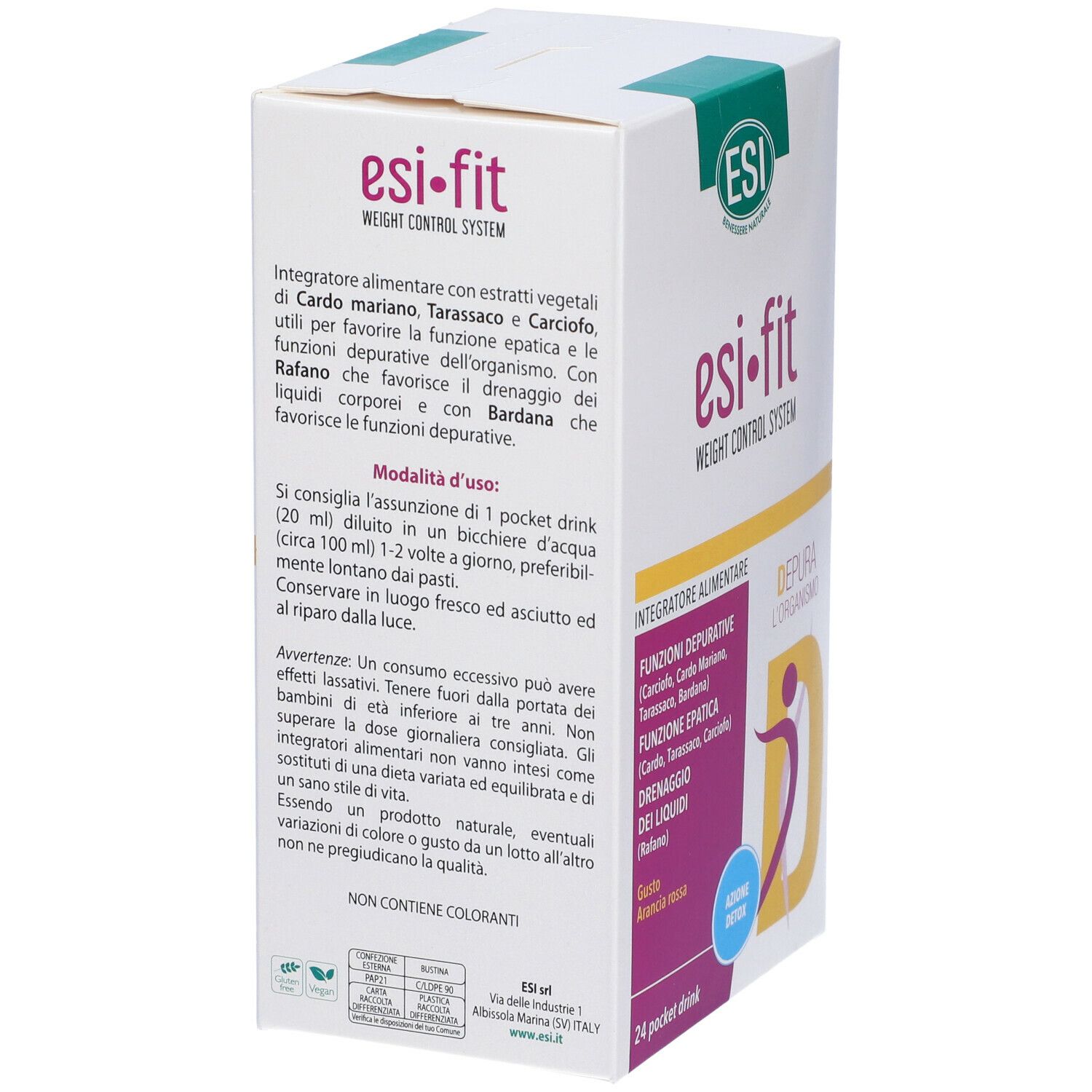 Scatola ESI Fit, vista laterale. Testo: Depura l'organismo, 24 Pocket Drink. Logo ESI Fit.