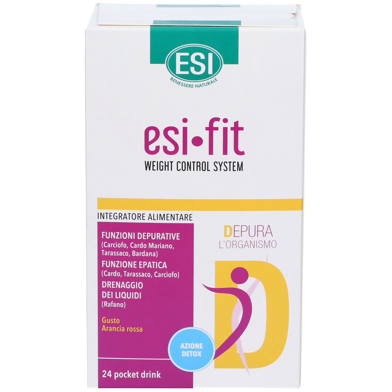 Scatola bianca ESI Fit. Testo: Depura l'organismo, 24 Pocket Drink. Logo ESI Fit.