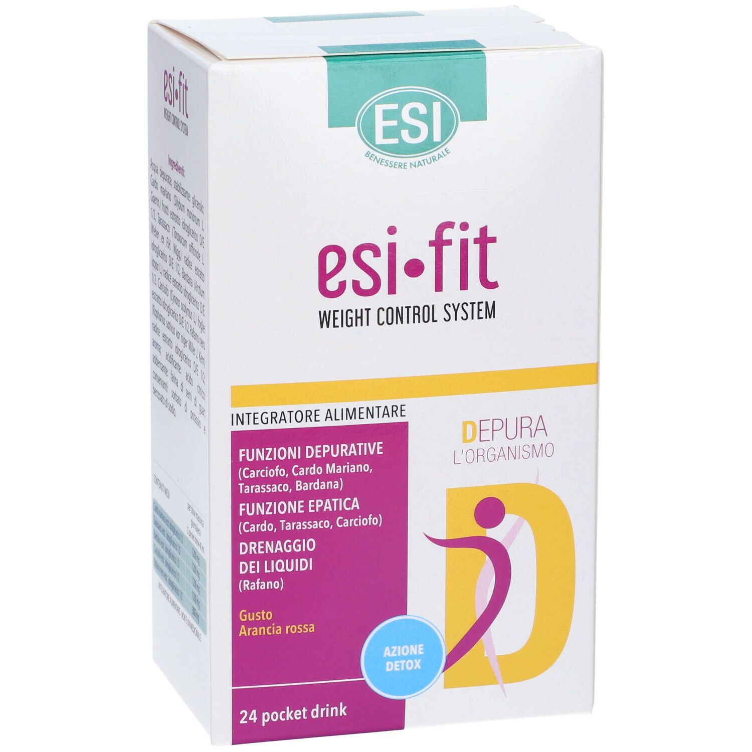 Scatola bianca ESI Fit. Testo: Depura l'organismo, 24 Pocket Drink. Logo ESI Fit.