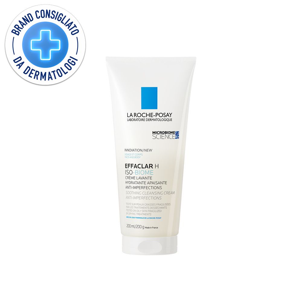 Tubo bianco con testo blu. Scritta: Effaclar H Iso-Biome, Crème Lavante. Sigillo dermatologi.