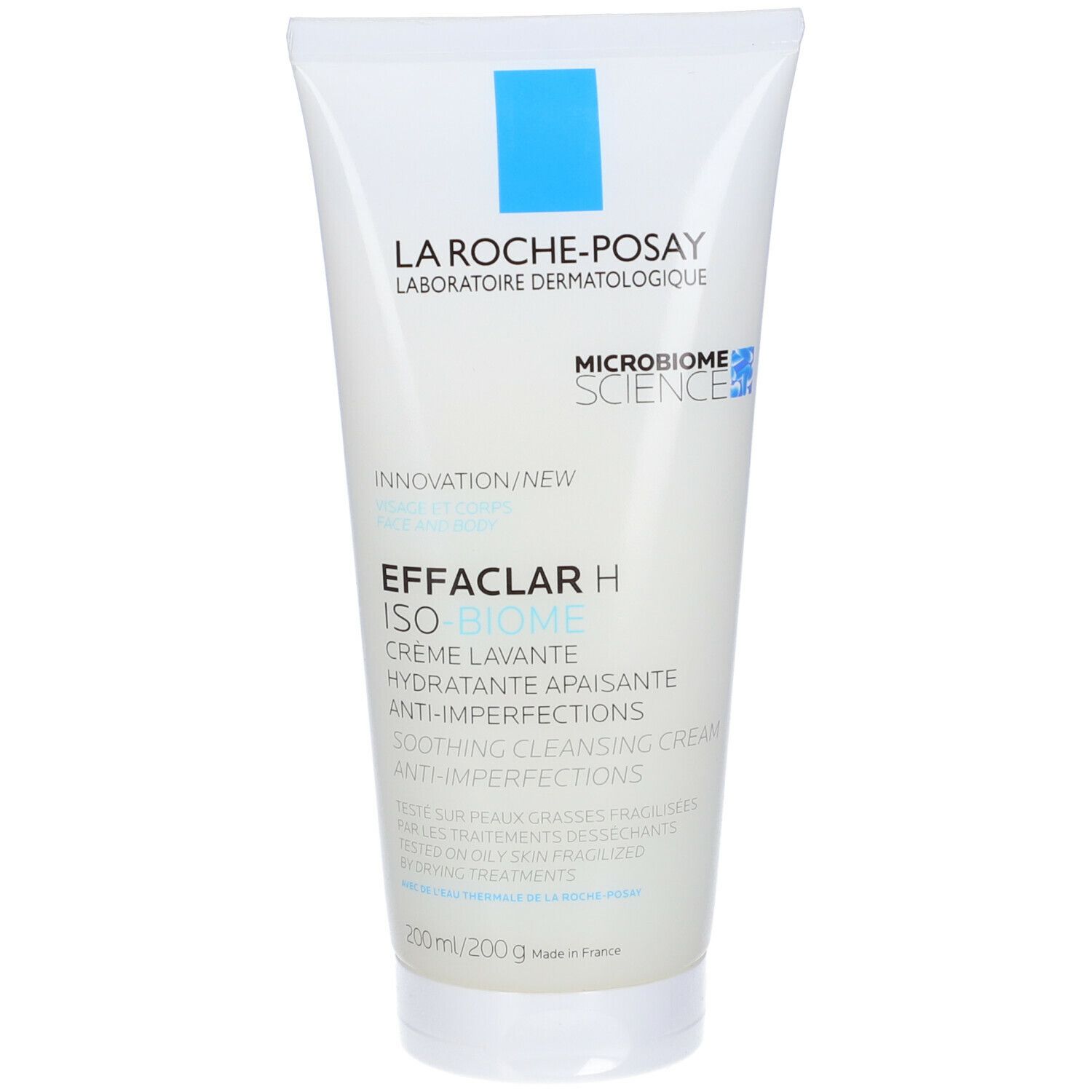 Tubo bianco con testo blu. Scritta: Effaclar H Iso-Biome, Crème Lavante. Nome del prodotto e marchio.