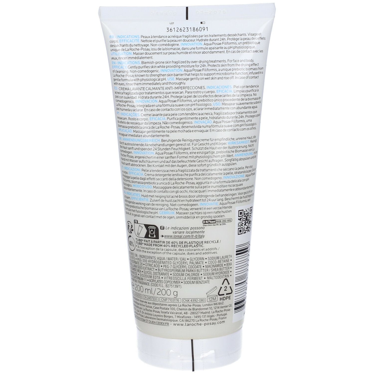 Retro di un tubo bianco. Testo multilingue. Scritta: Effaclar H Iso-Biome. Ingredienti e informazioni produttore.