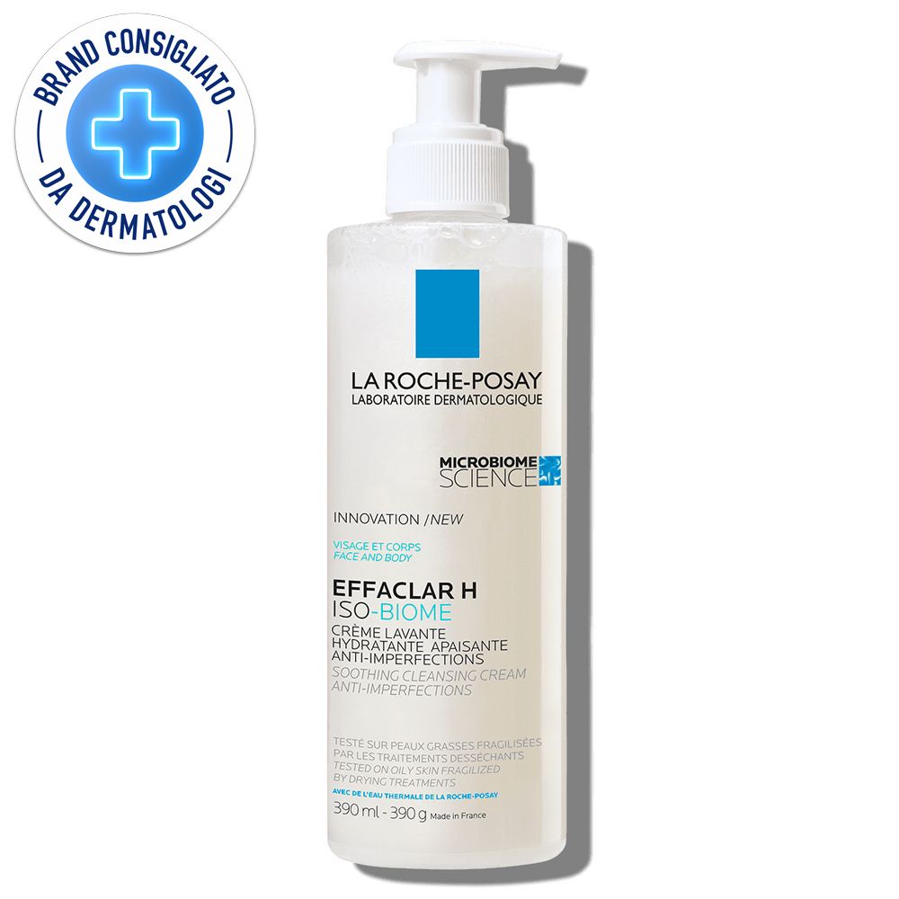 Flacone La Roche-Posay Effaclar H con dosatore. Scritta: Brand Consigliato da Dermatologi. Confezione blu e bianca.