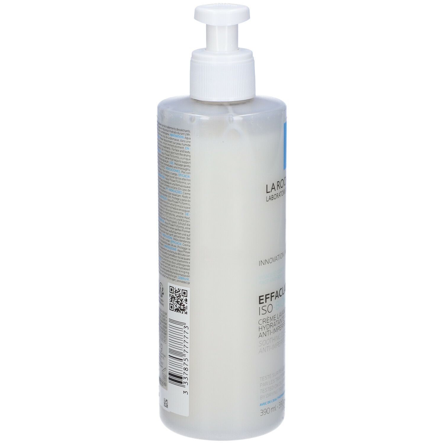 Flacone La Roche-Posay Effaclar H, retro. Testo e codice QR su etichetta bianca. Dosatore in alto.