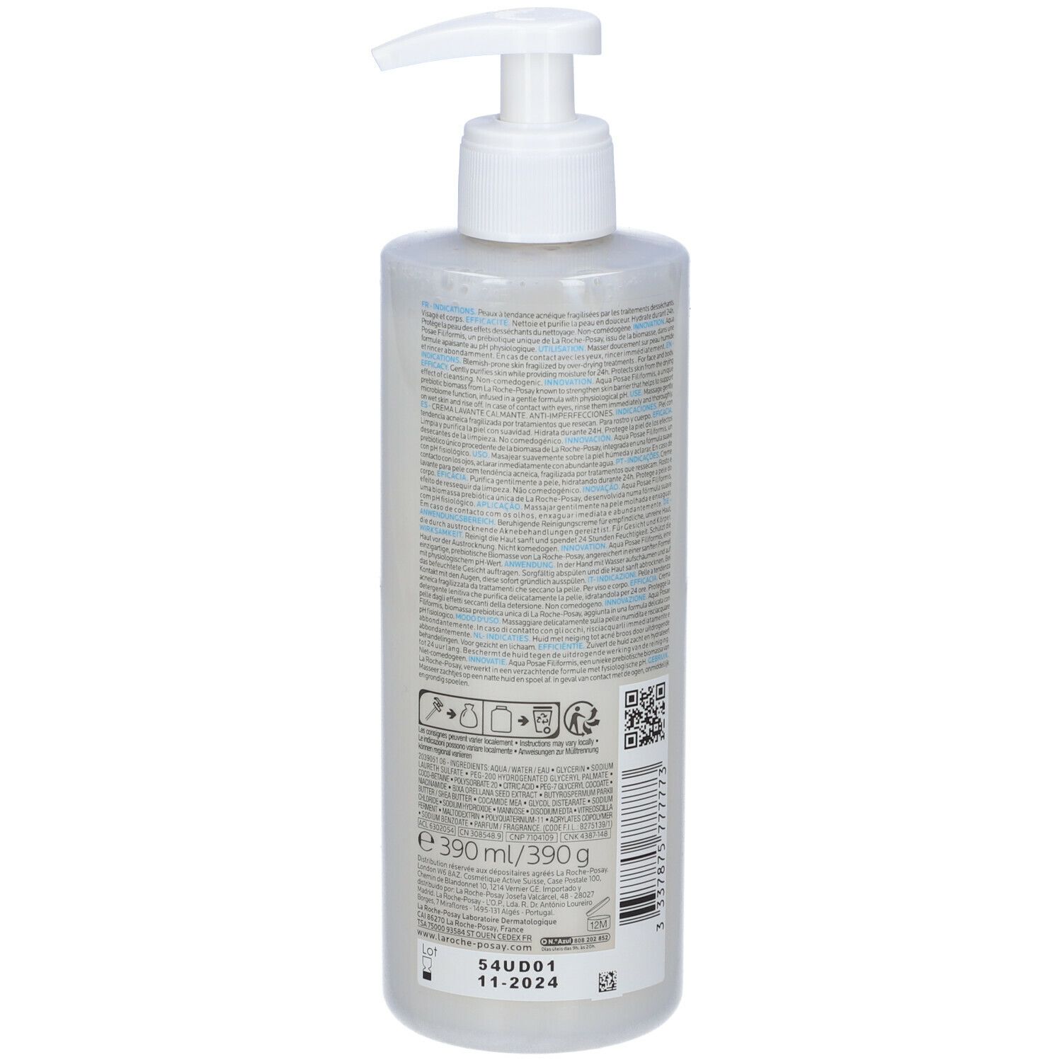 Flacone La Roche-Posay Effaclar H, retro. Testo, codice QR e data di scadenza su etichetta bianca.