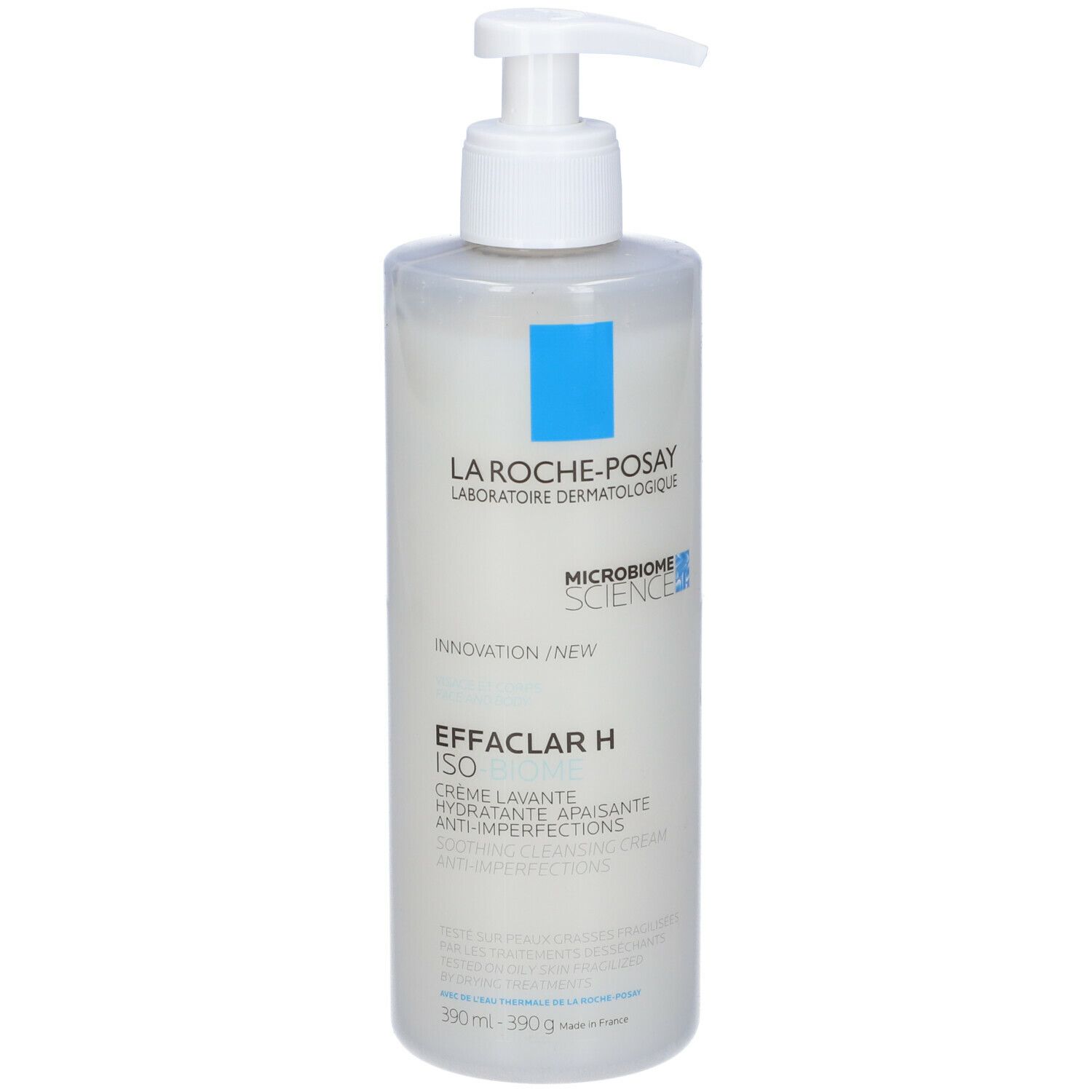 Flacone La Roche-Posay Effaclar H con dosatore. Etichetta bianca con angolo blu. Nome del prodotto e logo visibili.