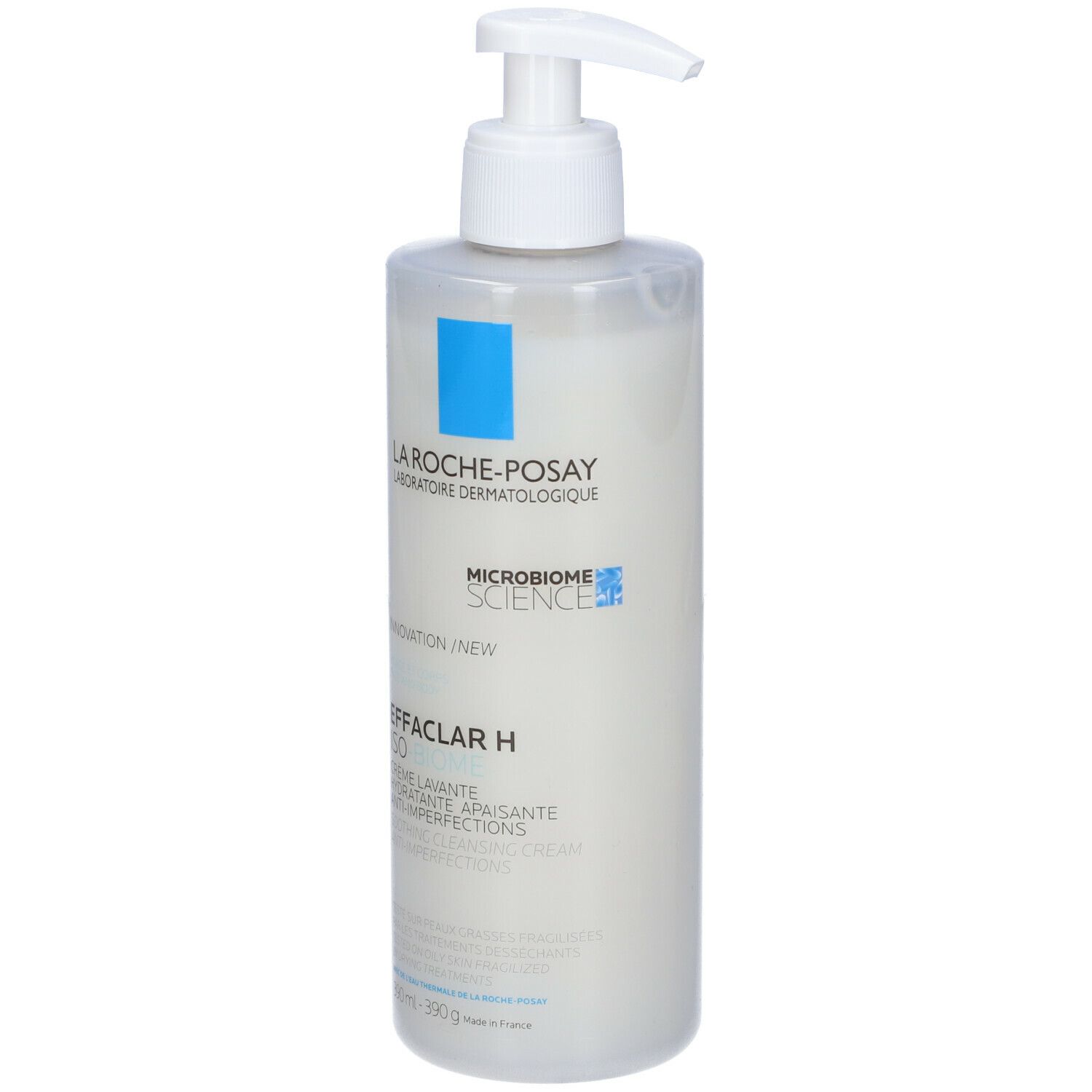 Flacone La Roche-Posay Effaclar H con dosatore. Etichetta bianca con angolo blu. Nome del prodotto e logo visibili.