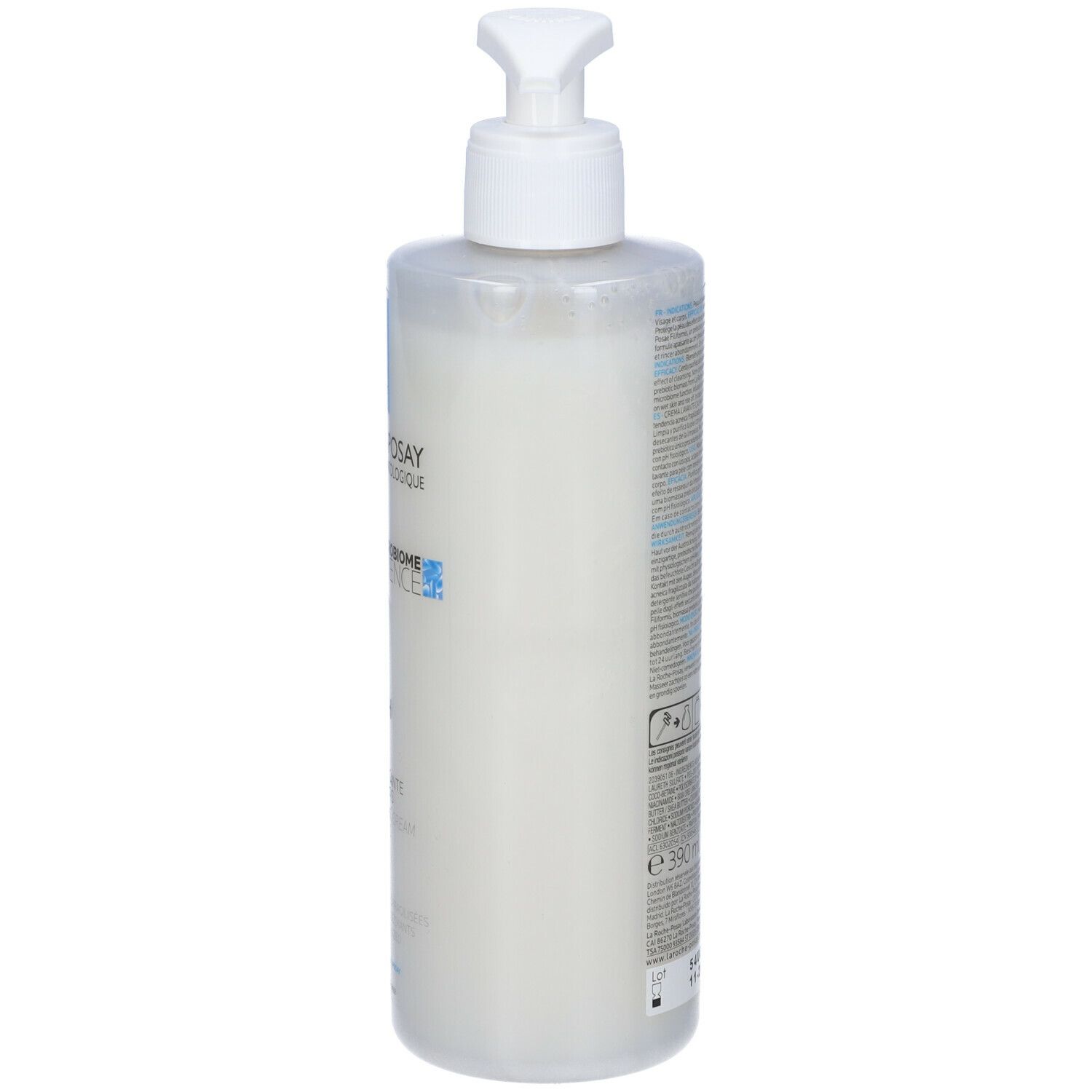 Flacone La Roche-Posay Effaclar H, lato. Etichetta bianca con testo. Dosatore in alto.