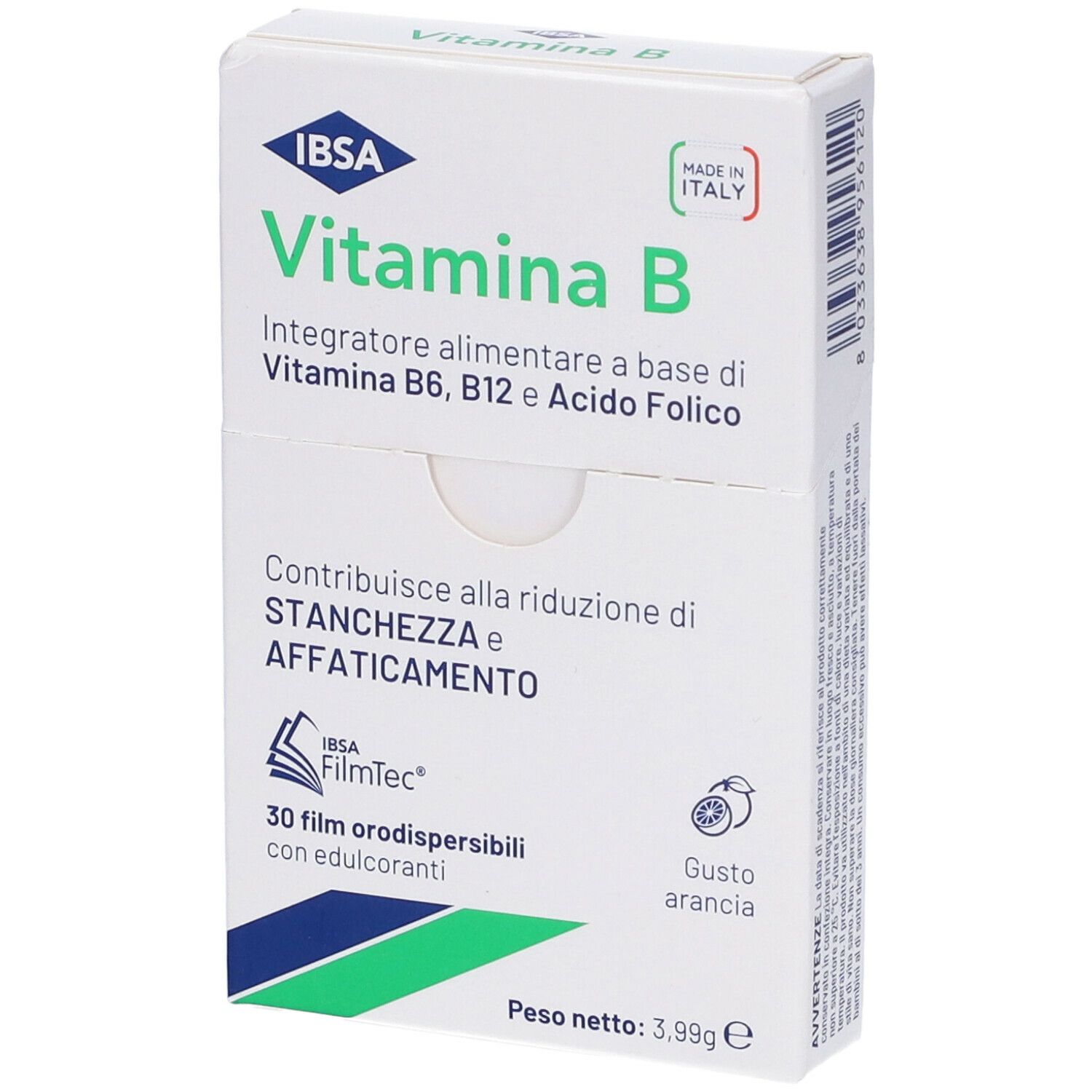 Confezione IBSA Vitamina B. 30 film, gusto arancia. Contiene informazioni e peso.