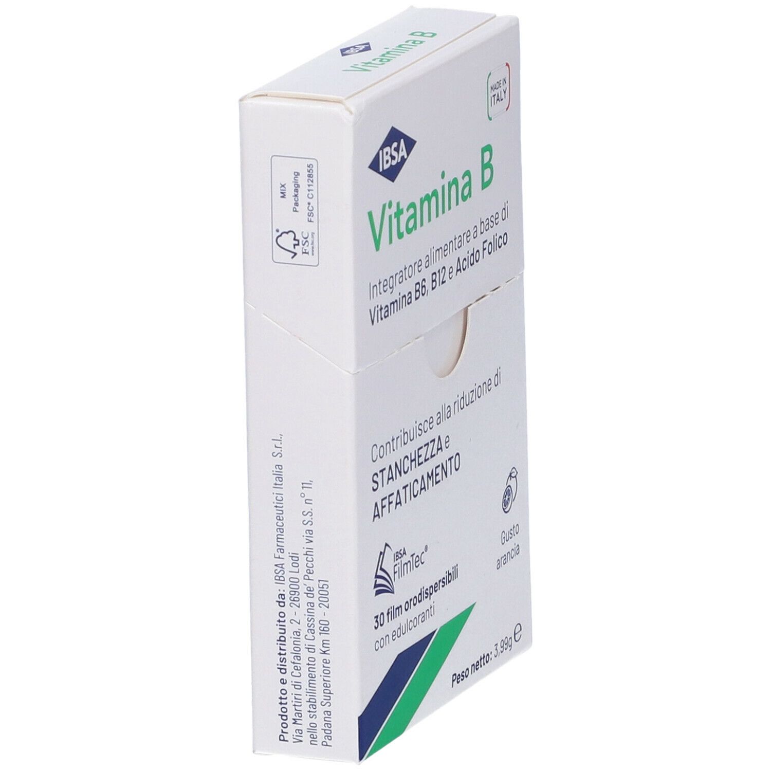Confezione IBSA Vitamina B. Vista laterale. 30 film, gusto arancia. Contiene informazioni.